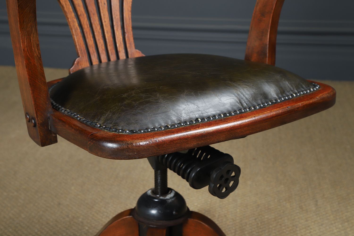 English Edwardian Beech & Green Leather Revolving Office Desk Arm Chair (Circa 1910) photo buy