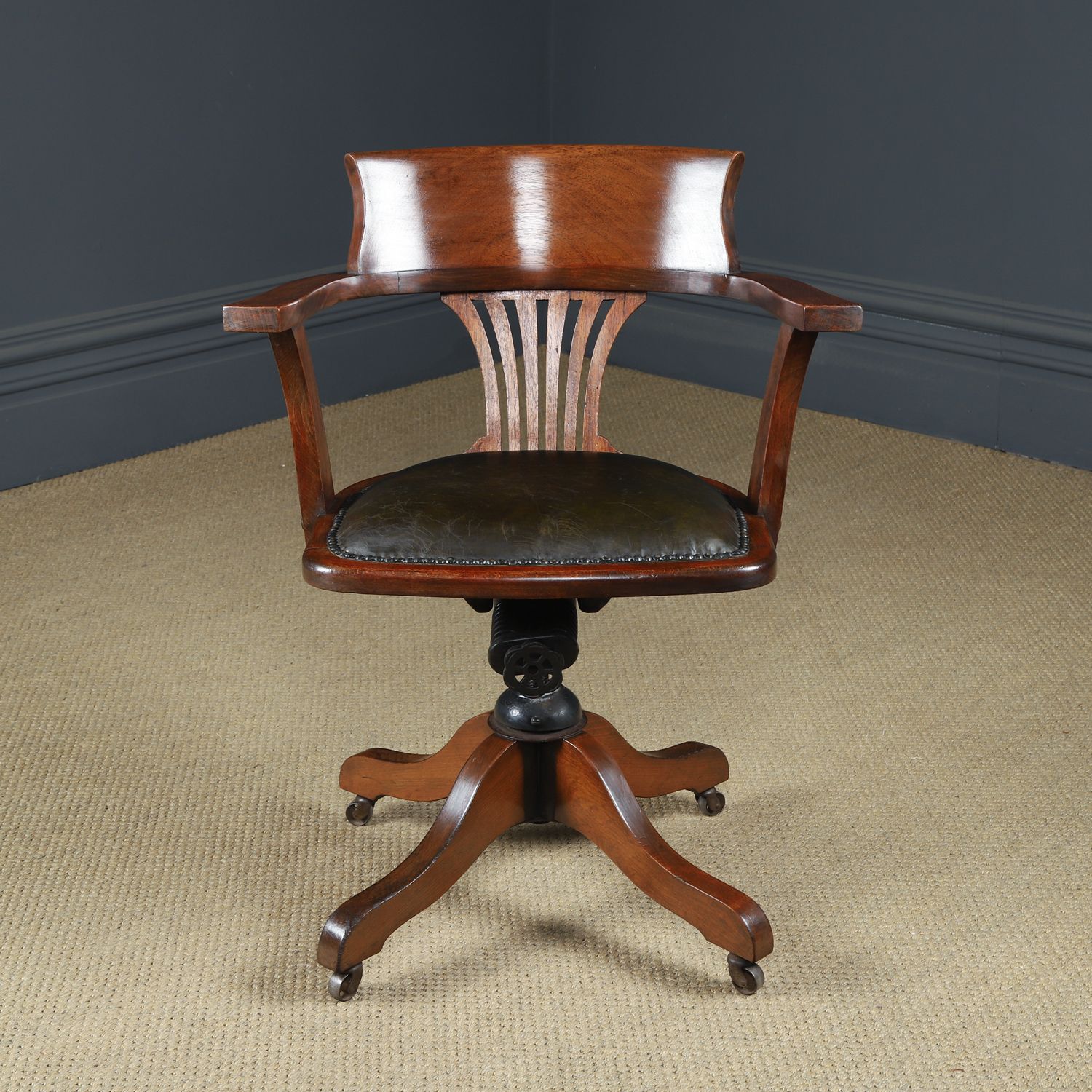975.0 English Edwardian Beech & Green Leather Revolving Office Desk Arm Chair (Circa 1910) photo