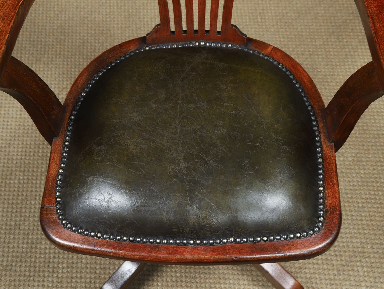 photo buy English Edwardian Beech & Green Leather Revolving Office Desk Arm Chair (Circa 1910)