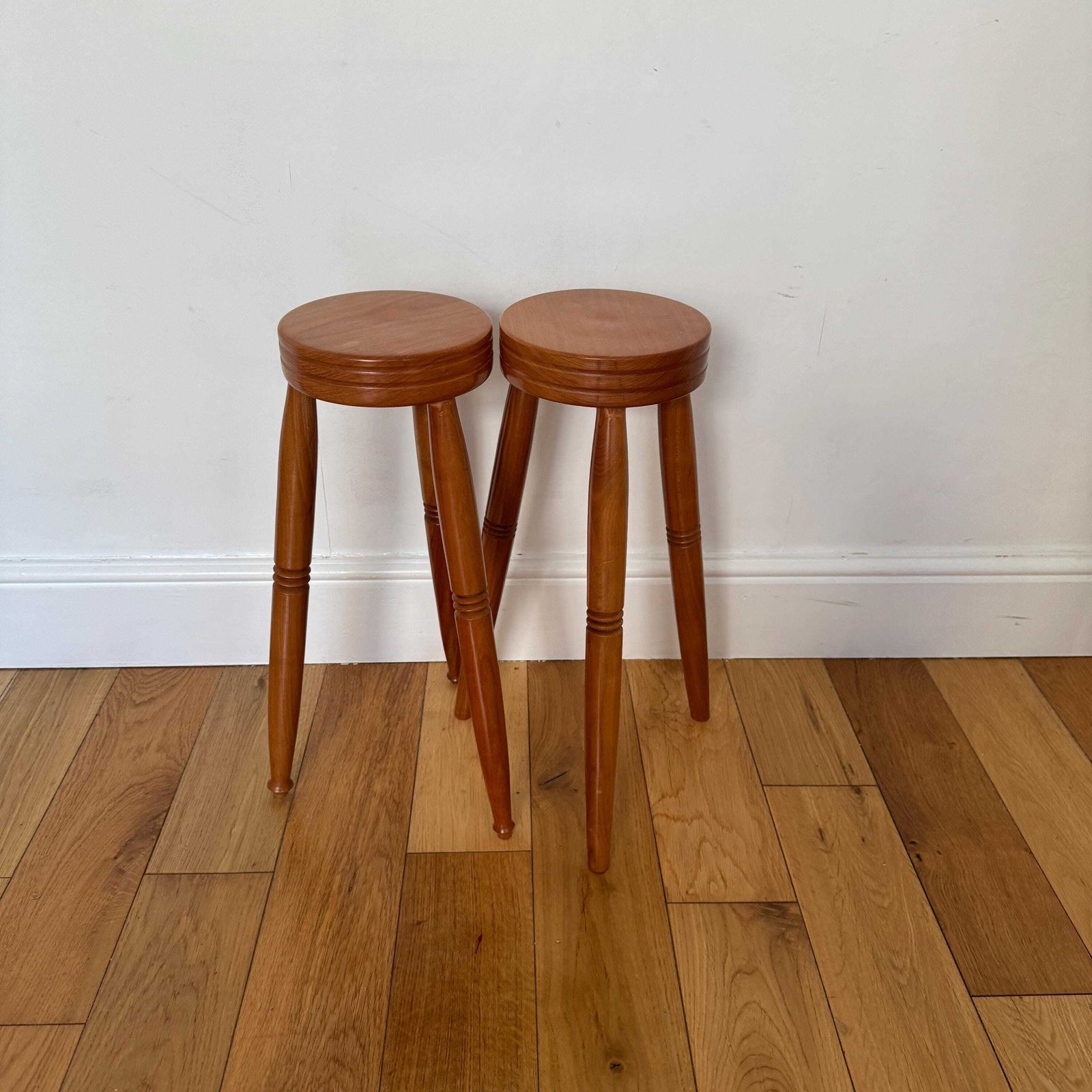 Vintage Wooden Three‑Leg Stools – Hand‑Turned Solid Wood Rustic Farmhouse Seating / Side Tables photo furniture