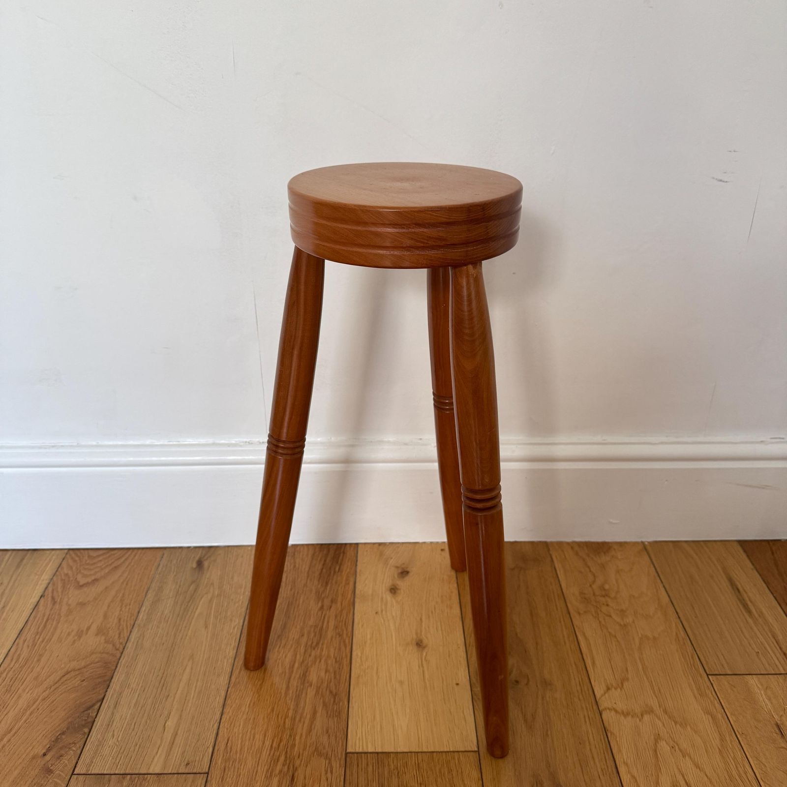 photo for sale Vintage Wooden Three‑Leg Stools – Hand‑Turned Solid Wood Rustic Farmhouse Seating / Side Tables