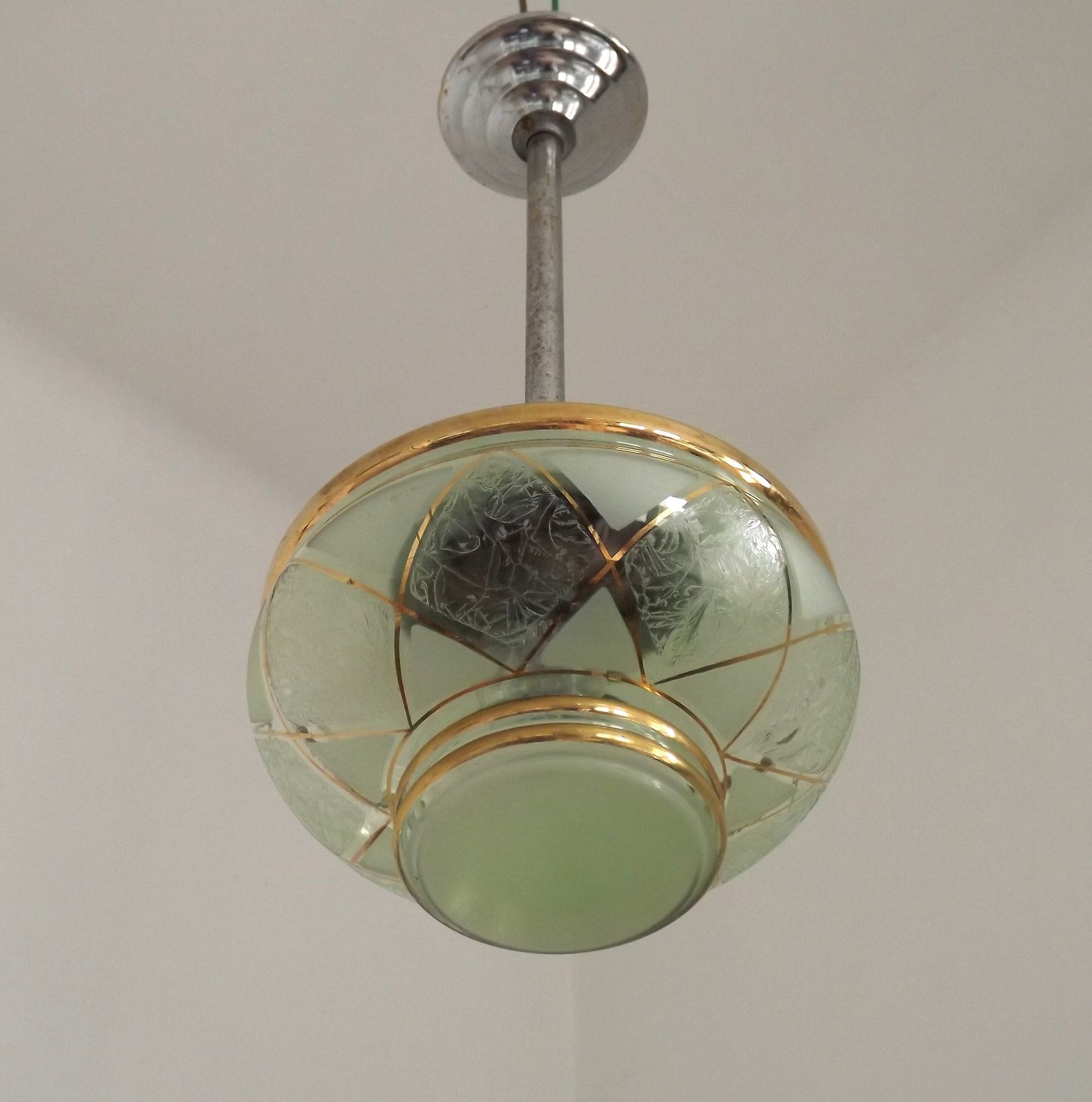 French Green & Gold Art Deco Glass Shade Ceiling Light Silver Fittings photo Lighting