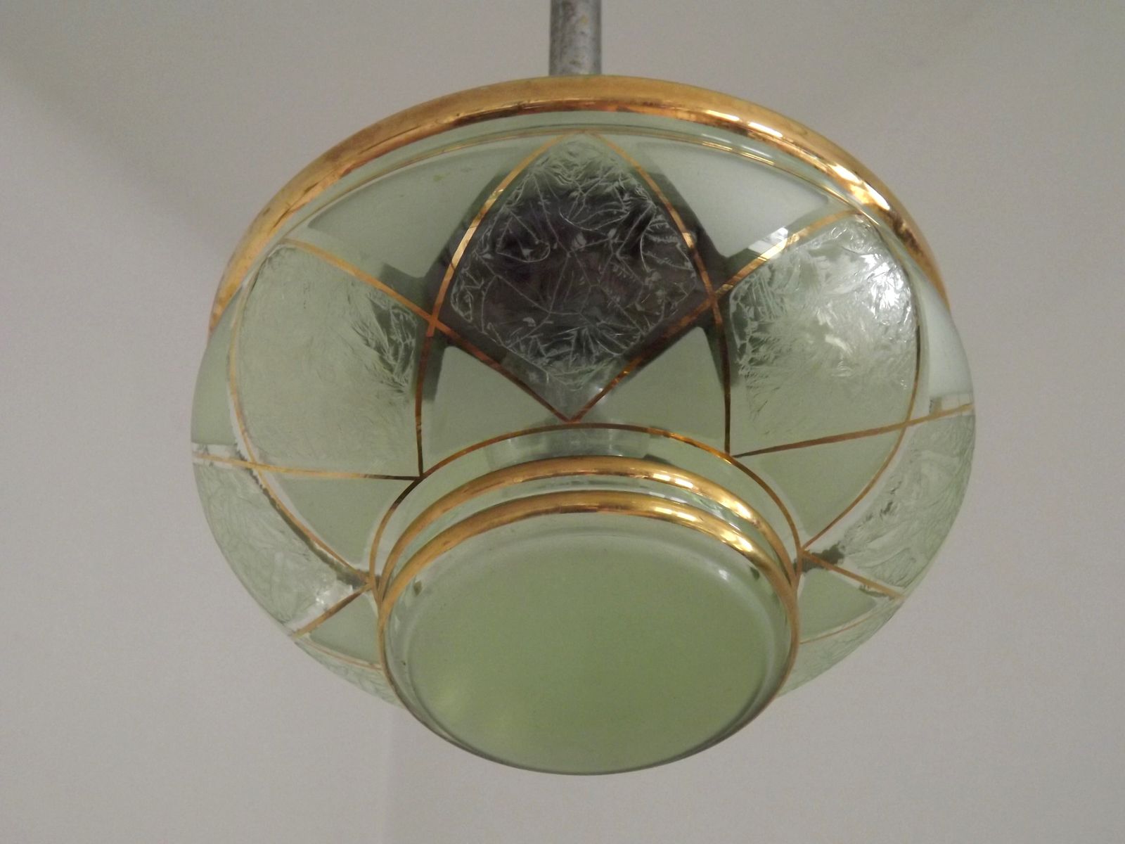 French Green & Gold Art Deco Glass Shade Ceiling Light Silver Fittings photo buy