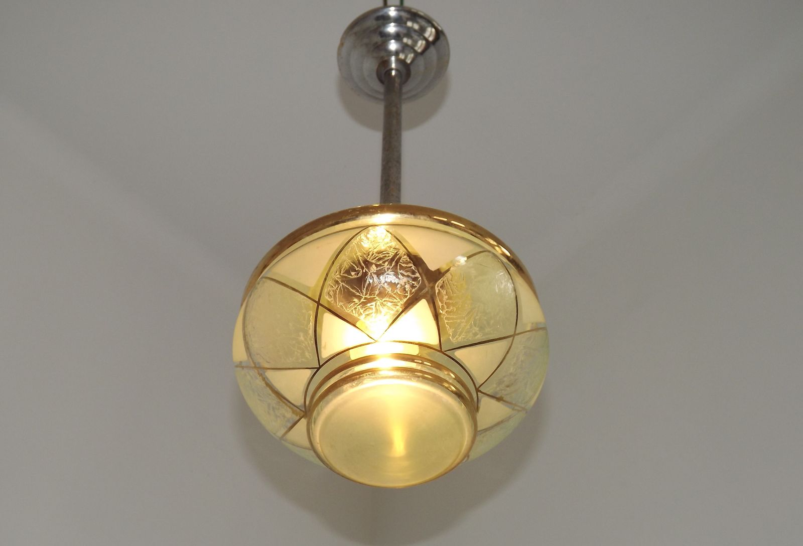 French Green & Gold Art Deco Glass Shade Ceiling Light Silver Fittings photo for sale