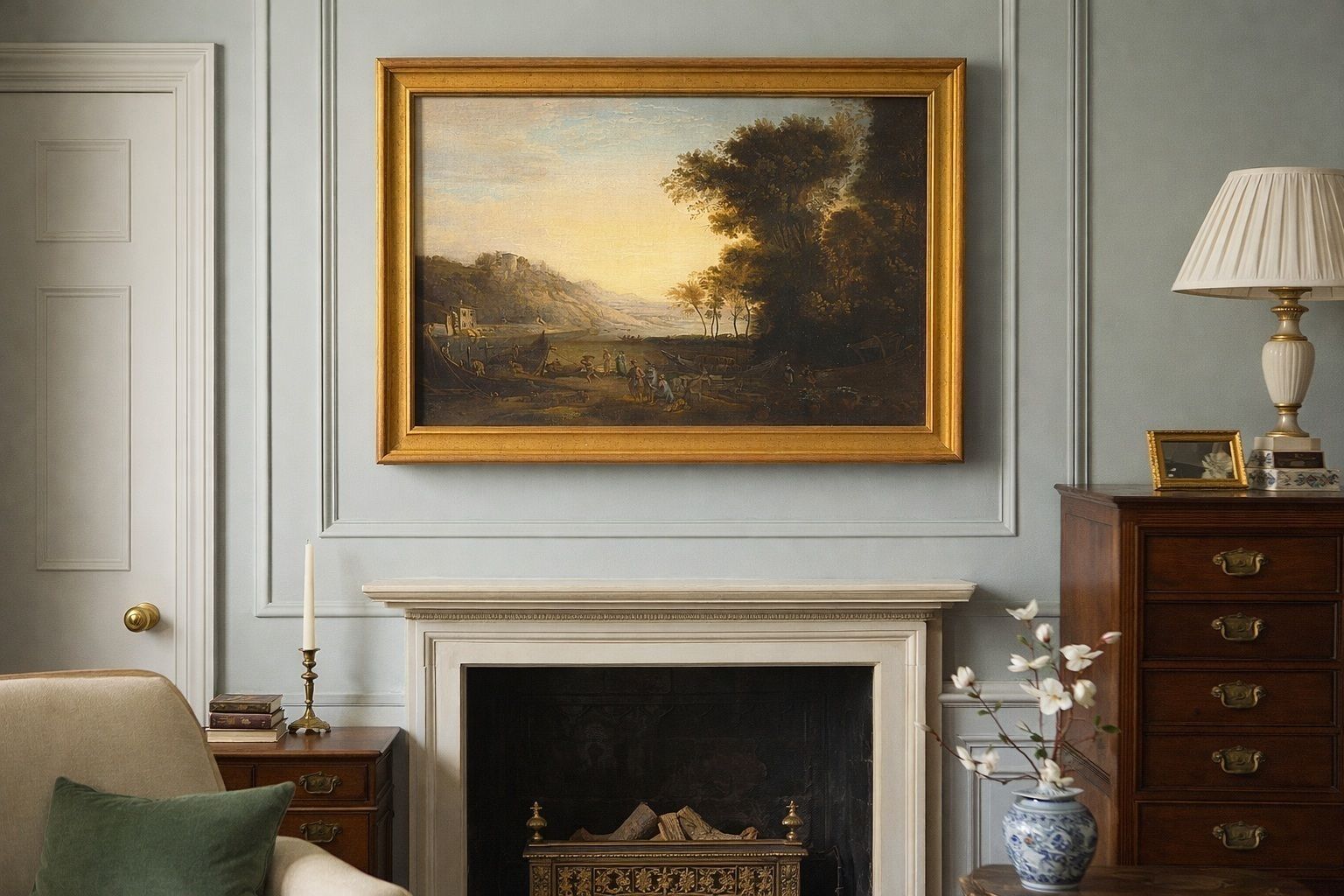 River Landscape With Merchants And Cargo Vessels — After Claude Lorrain, Italy, 18th Century photo vinterior