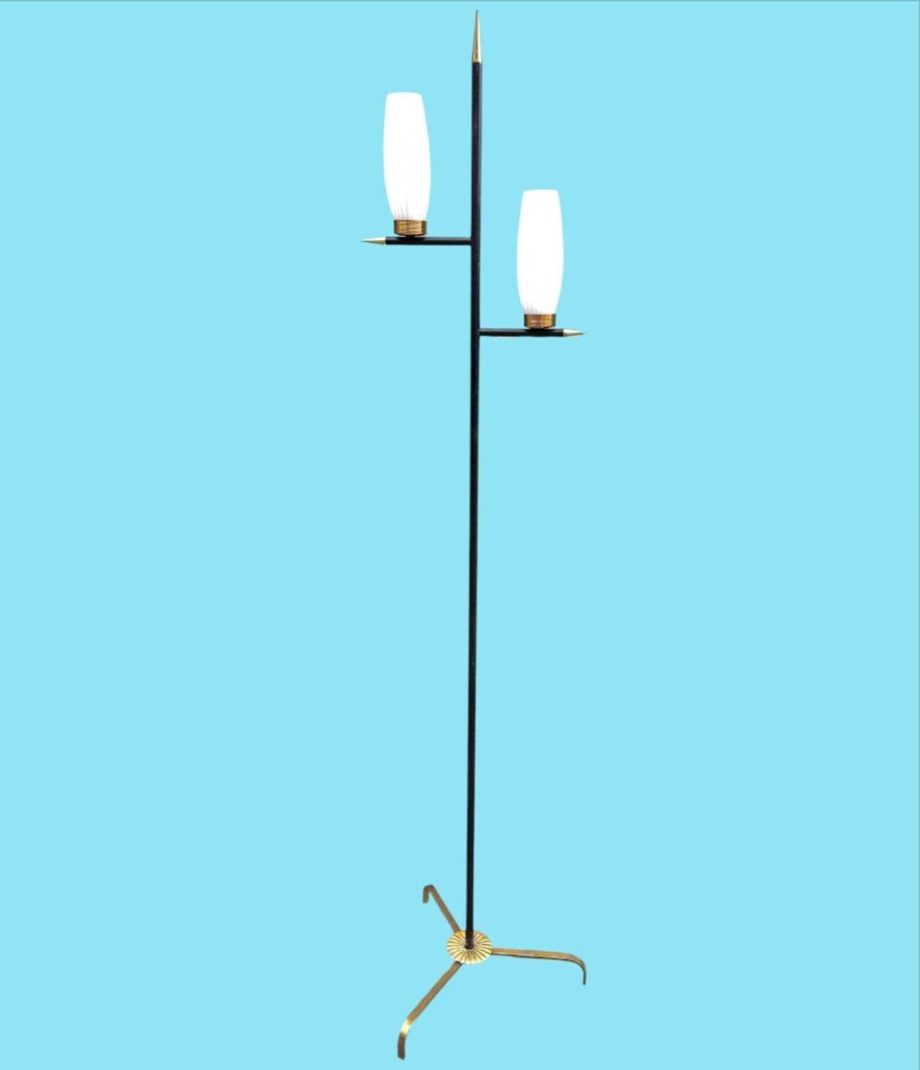 photo for sale An Italian 1960s Black Lacquer And Brass Floor Lamp With Opaline Glass Shades