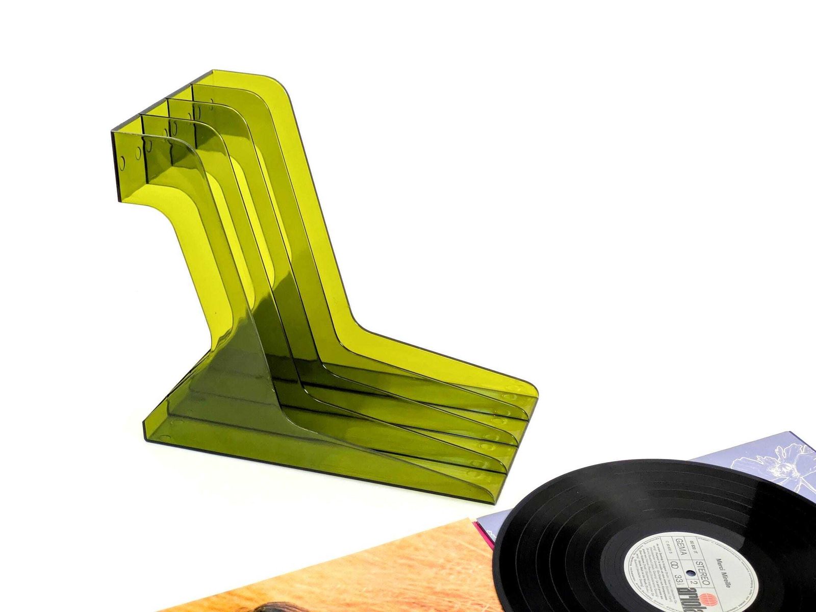 photo buy Vintage groene plexiglazen LP-platenrek – Space Age / Mid-Century – tafelmodel of wandmontage