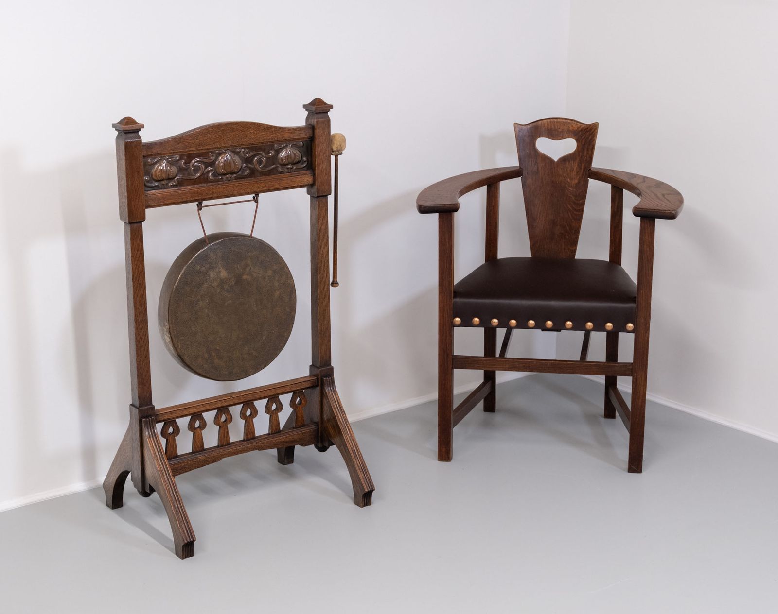 photo for sale Arts & Crafts Oak & Copper Floor Standing Dinner Gong Attr Shapland And Petter