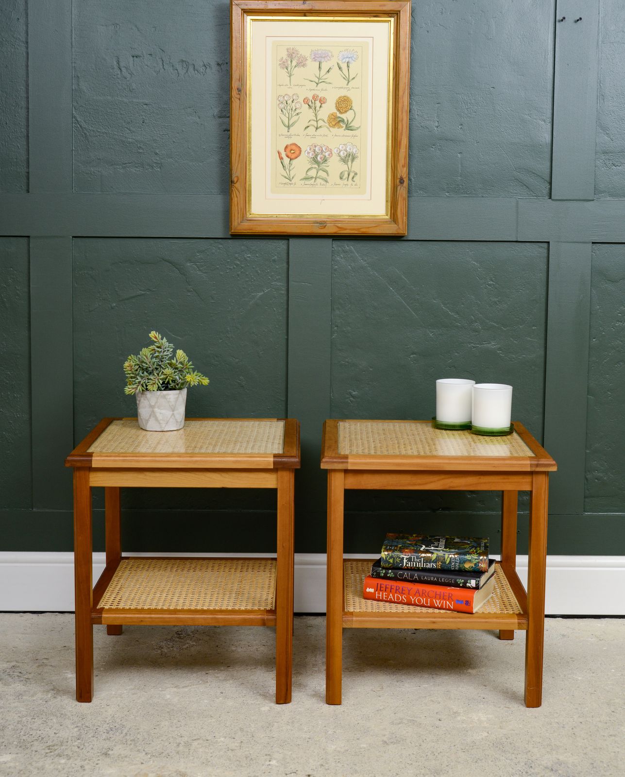 Pair Cane Rattan Side End Tables   Glass Tops   Hardwood photo for sale