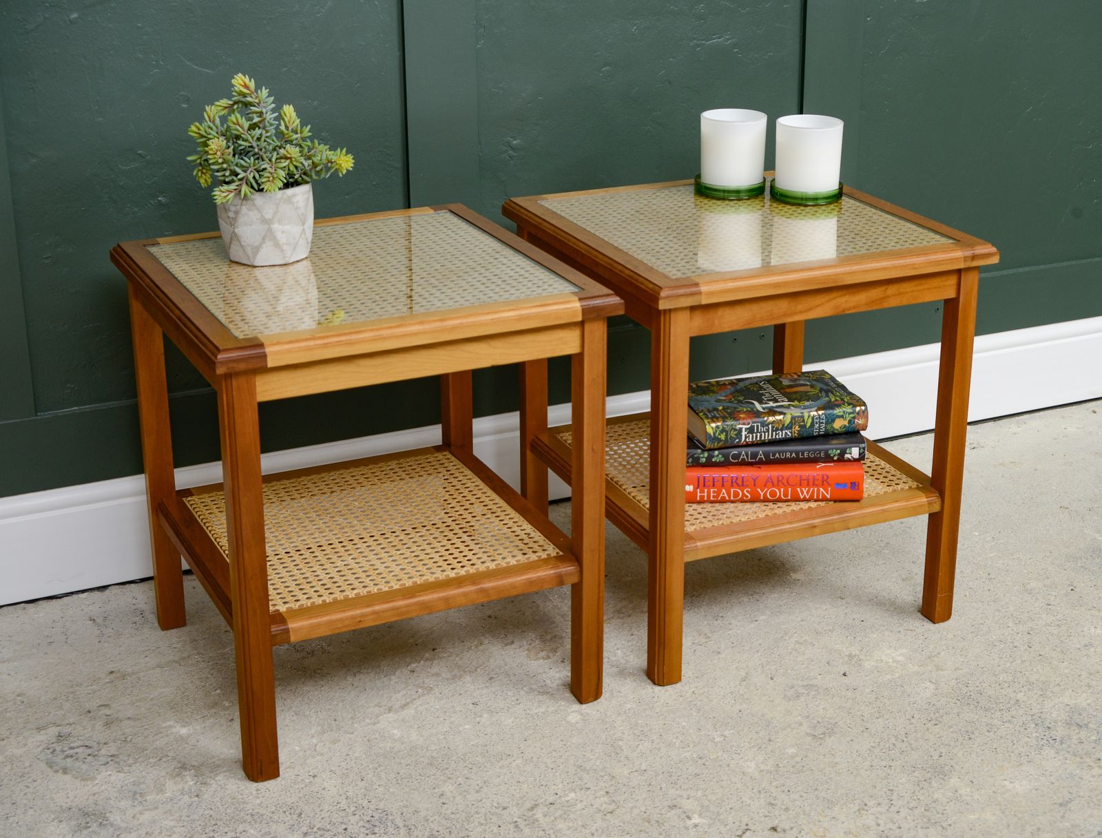 Pair Cane Rattan Side End Tables   Glass Tops   Hardwood photo 350.0