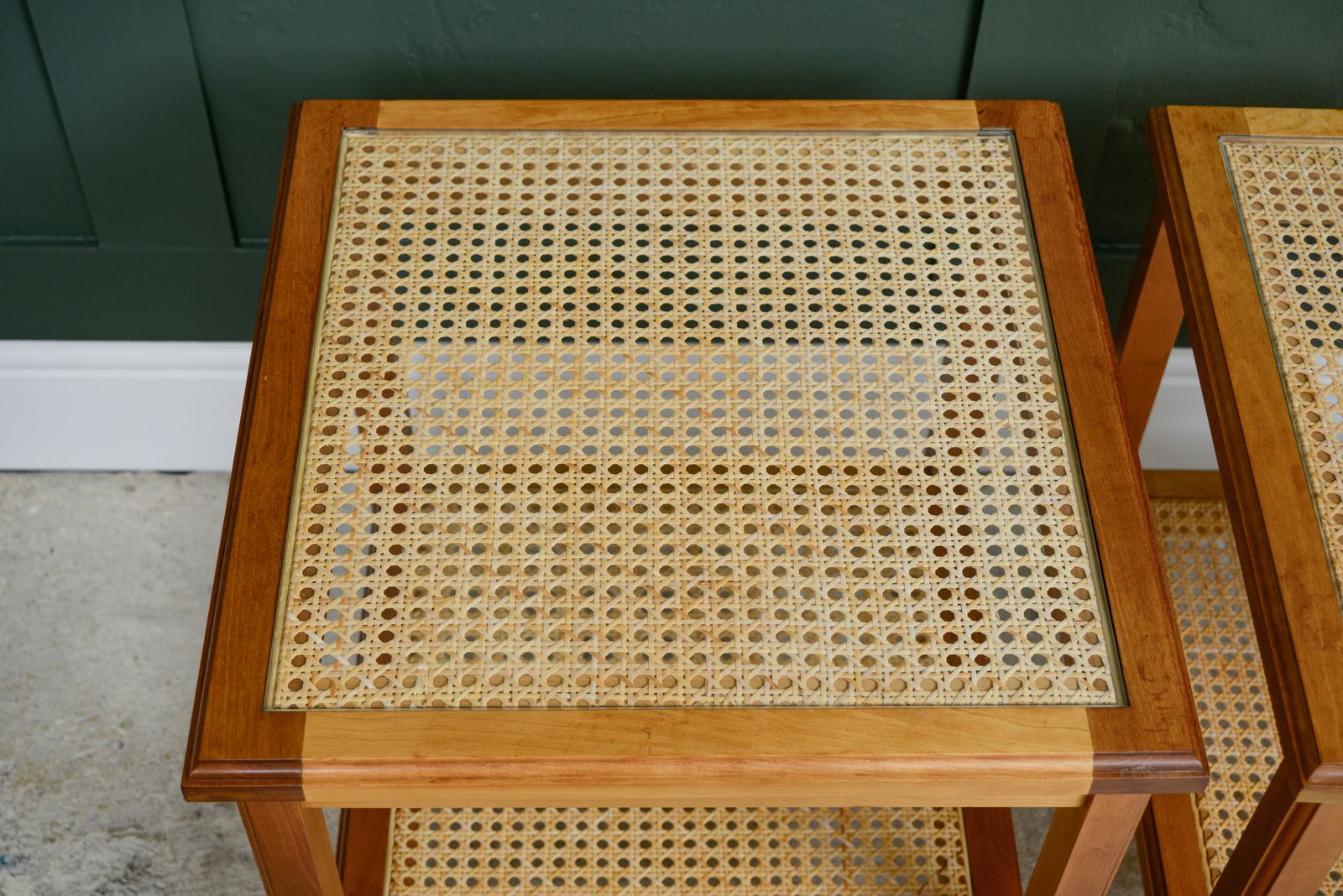 Pair Cane Rattan Side End Tables   Glass Tops   Hardwood photo buy