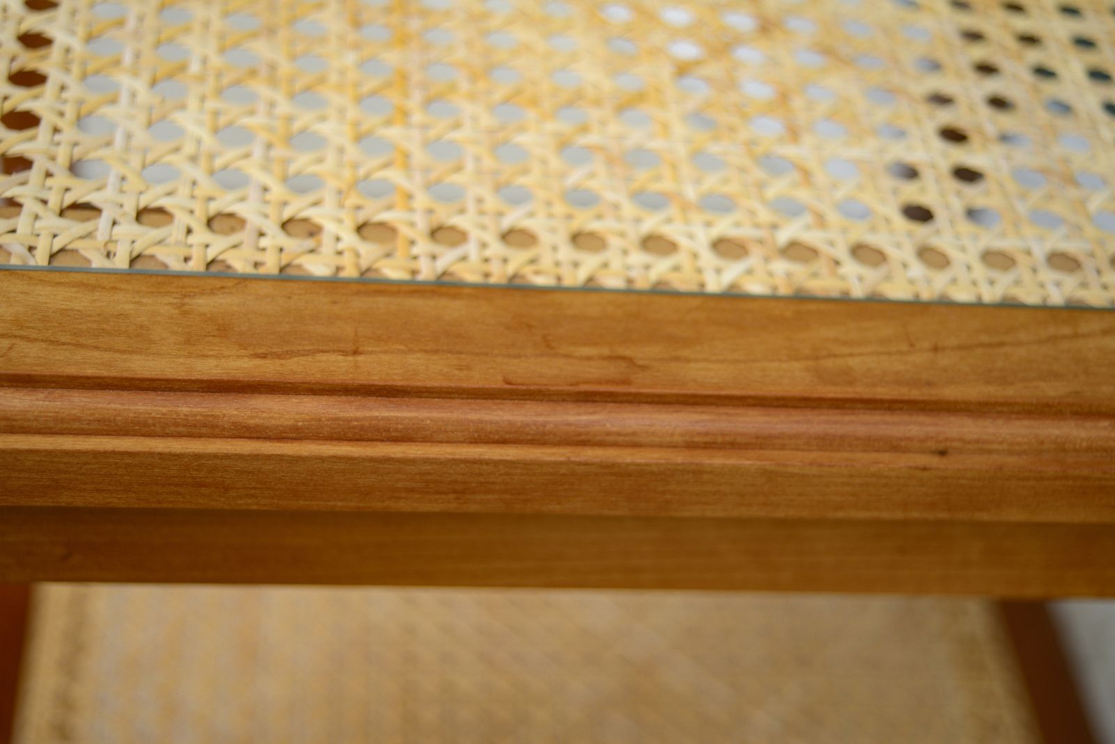 photo vinterior Pair Cane Rattan Side End Tables   Glass Tops   Hardwood
