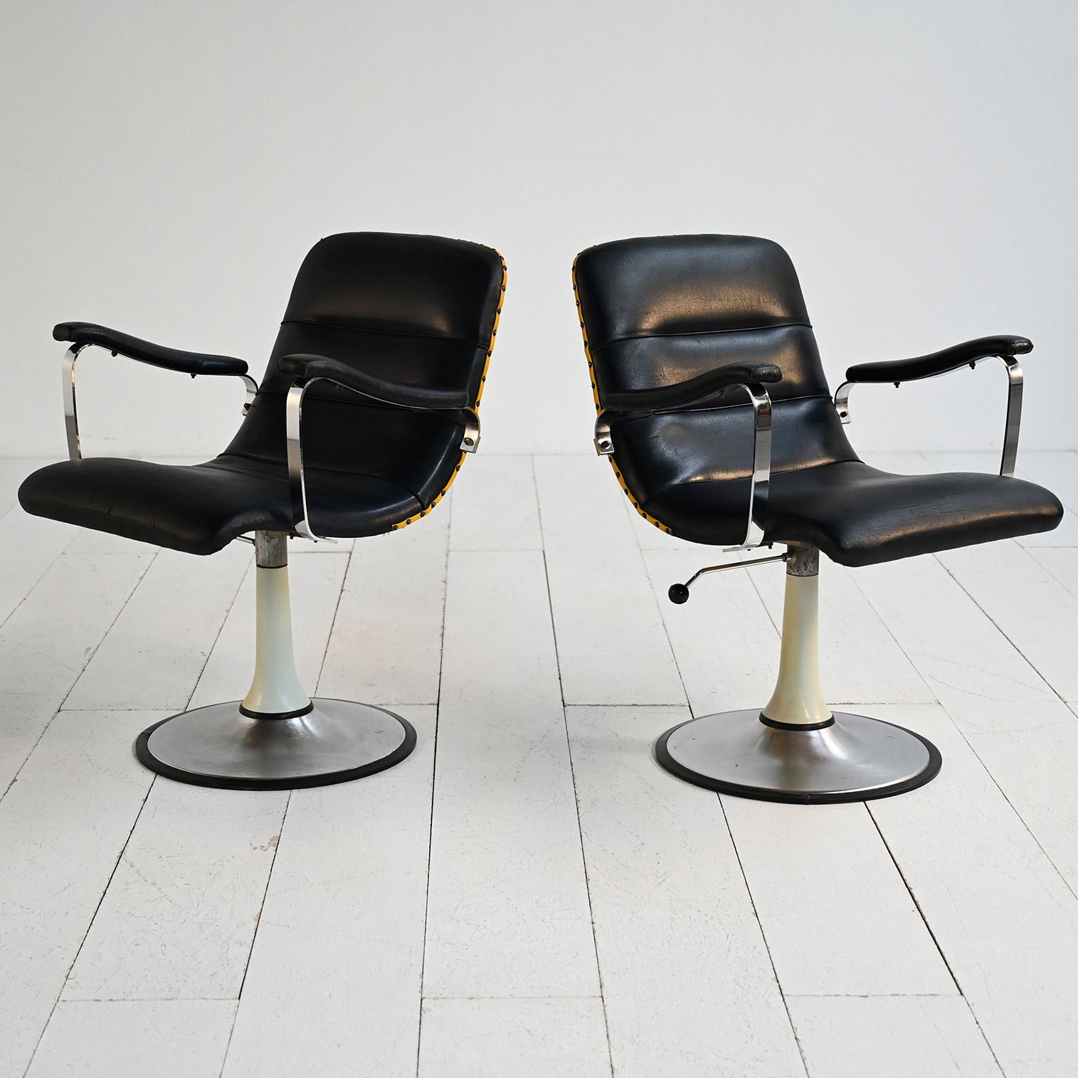 Pair Of European 1970s Swivel Armchairs In Faux Leather And Steel photo Furniture