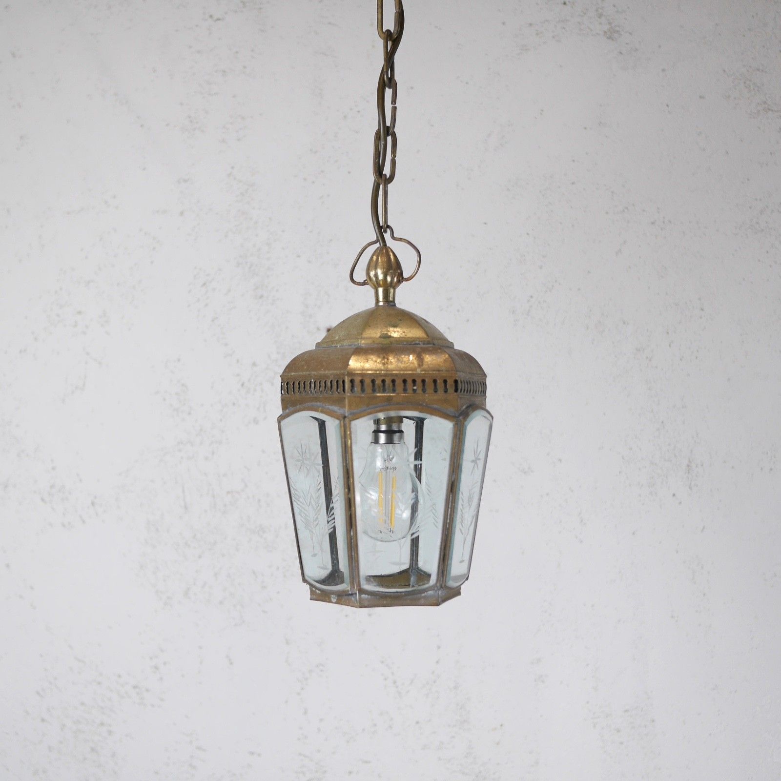 Vintage Brass Etched Glass Hall Light Lantern Pendent Hexagonal Antique #103185