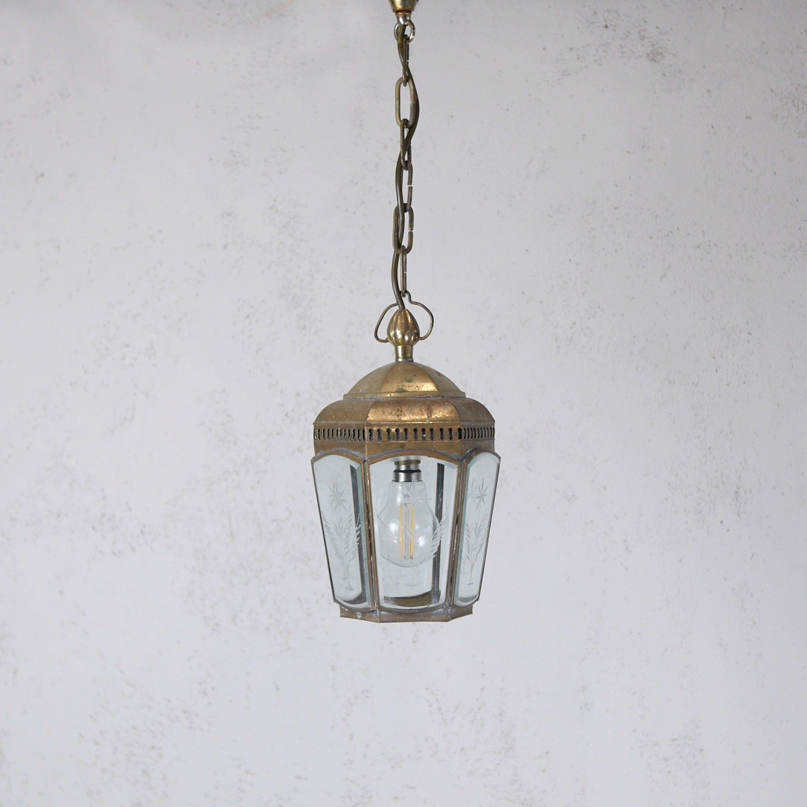 Vintage Brass Etched Glass Hall Light Lantern Pendent Hexagonal Antique #103185 photo Lighting