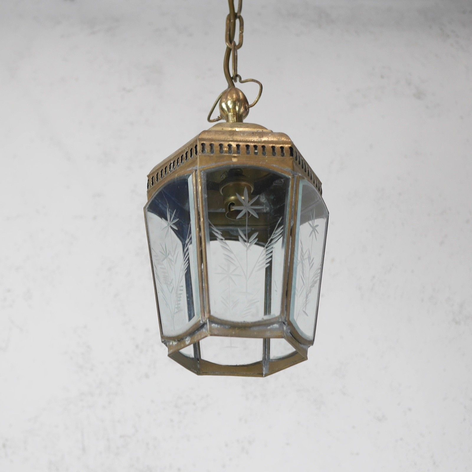 Vintage Brass Etched Glass Hall Light Lantern Pendent Hexagonal Antique #103185 photo buy