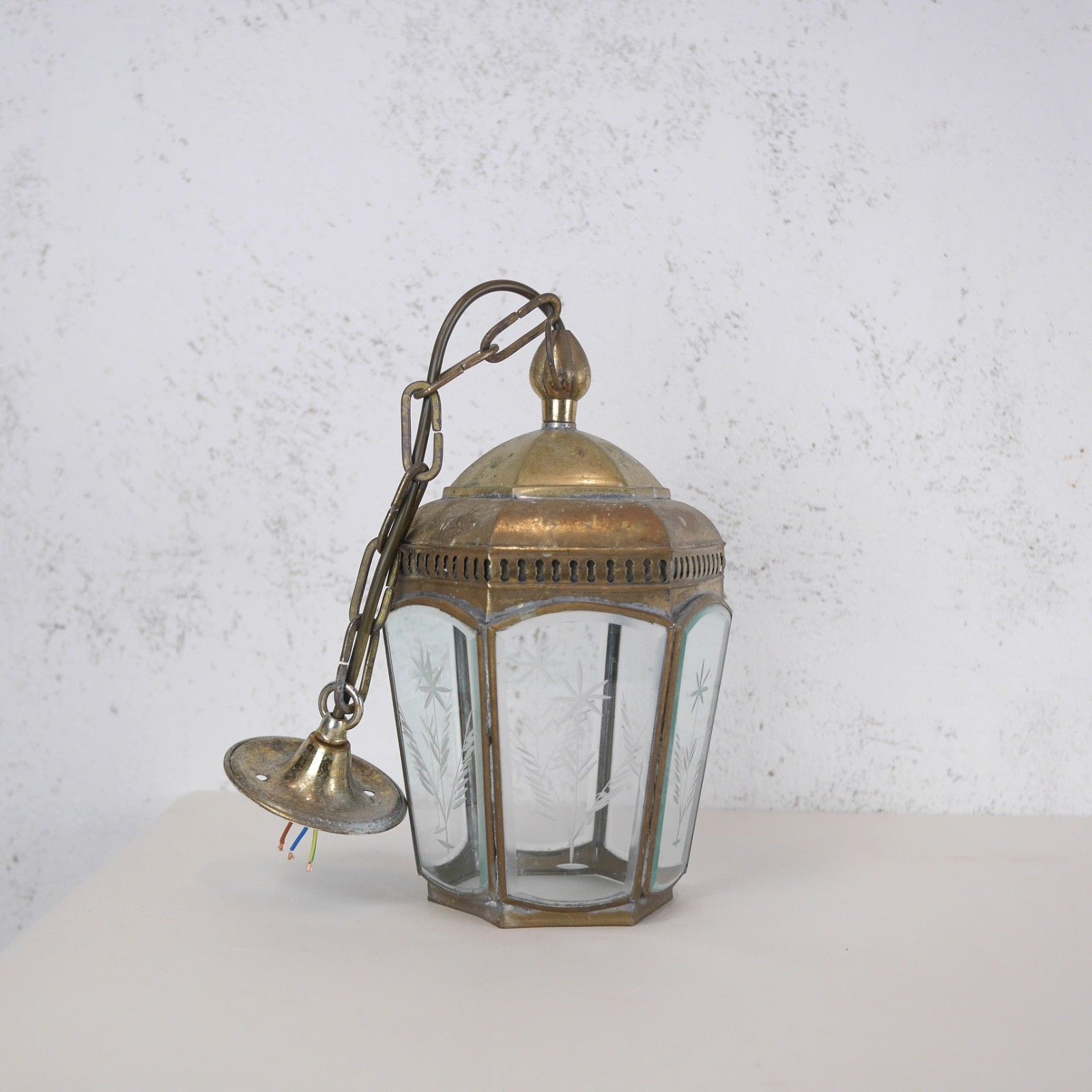 Vintage Brass Etched Glass Hall Light Lantern Pendent Hexagonal Antique #103185 photo vintage