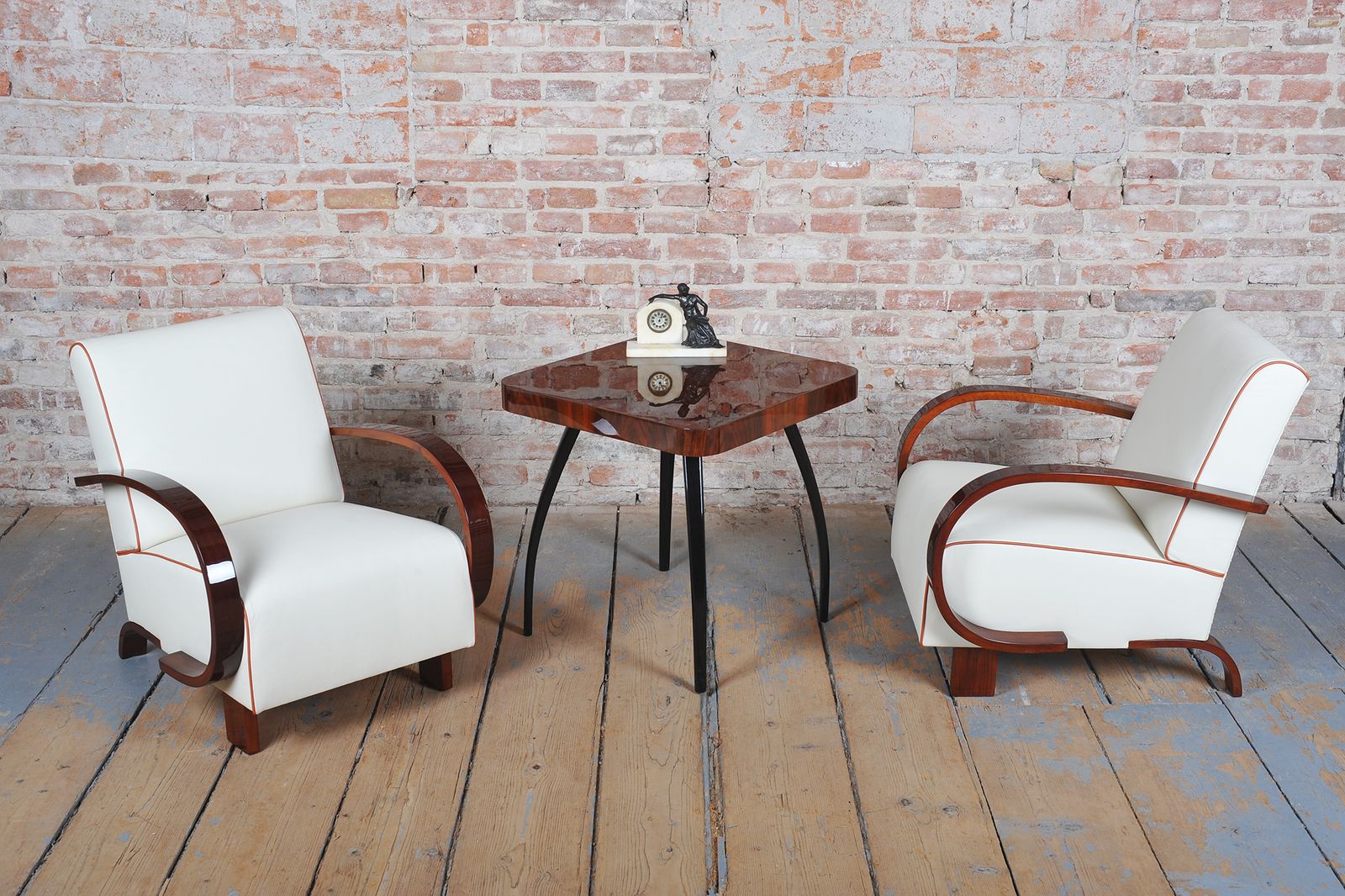 Pair Of Restored Art Deco Armchairs, Walnut, Leather, Repolished, Czech, 1930s photo buy