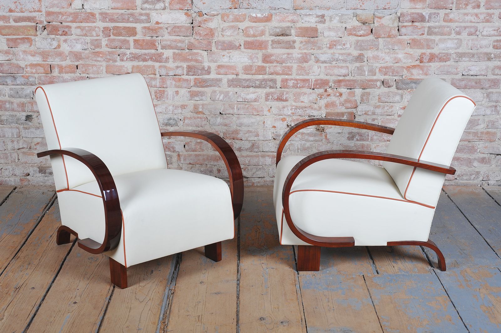Pair Of Restored Art Deco Armchairs, Walnut, Leather, Repolished, Czech, 1930s photo vintage