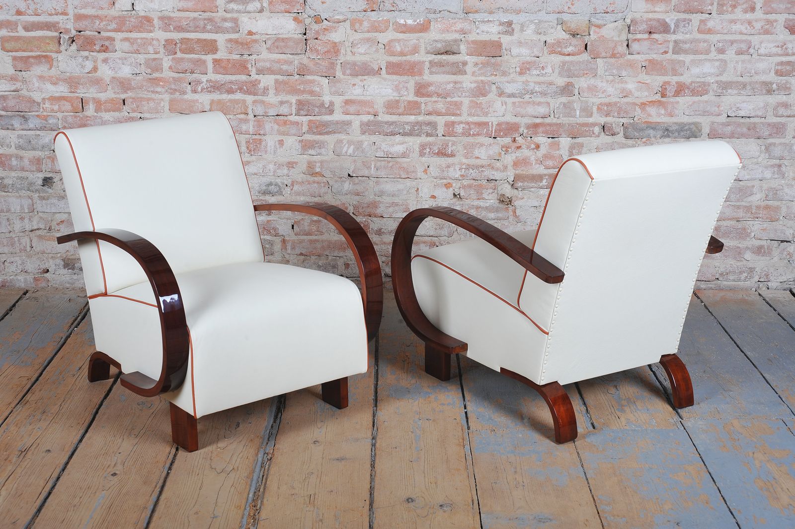 photo furniture Pair Of Restored Art Deco Armchairs, Walnut, Leather, Repolished, Czech, 1930s