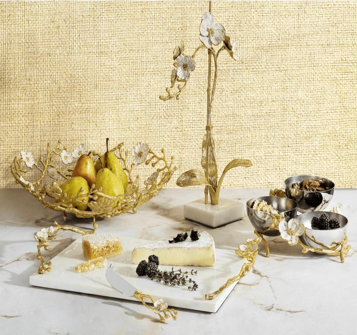 Set Of 3 Small Orchid Sculptures Brass White Enamel, Marble Base photo Art