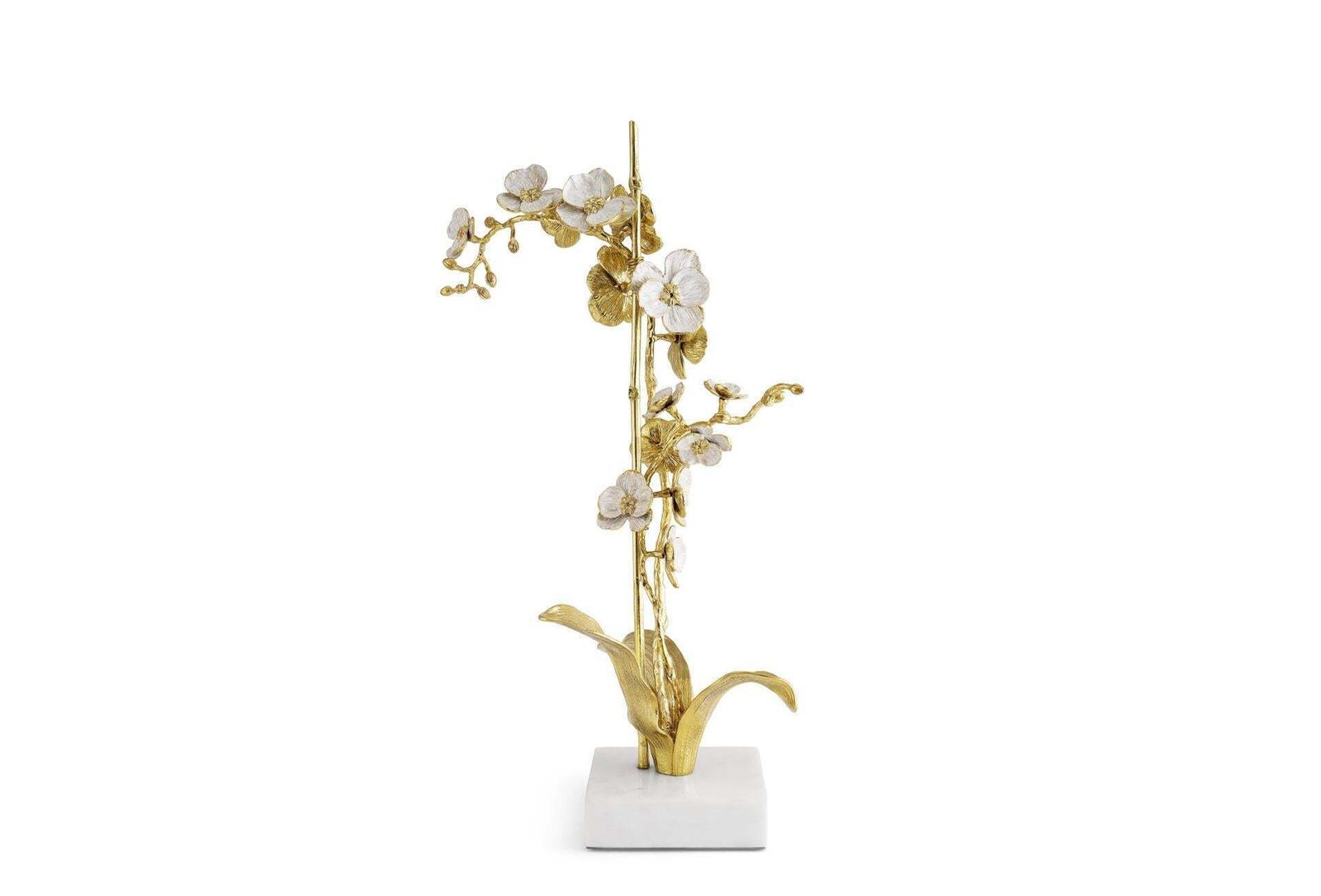 Set Of 3 Small Orchid Sculptures Brass White Enamel, Marble Base photo 1693.0