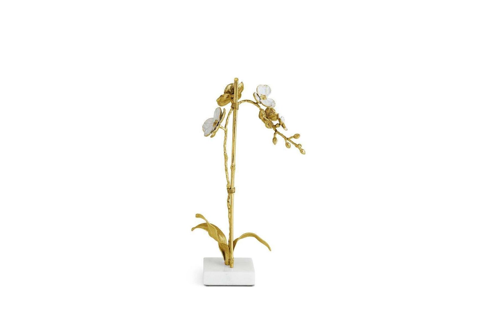 Set Of 3 Small Orchid Sculptures Brass White Enamel, Marble Base photo vintage