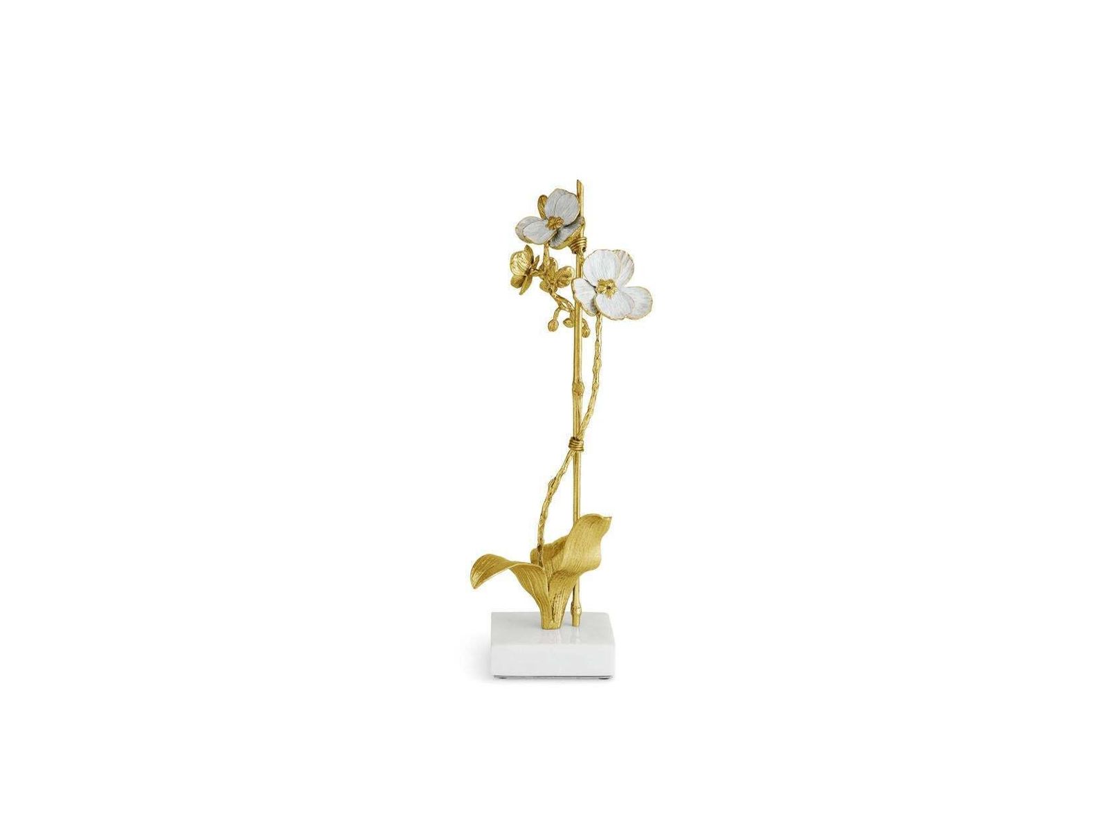photo furniture Set Of 3 Small Orchid Sculptures Brass White Enamel, Marble Base