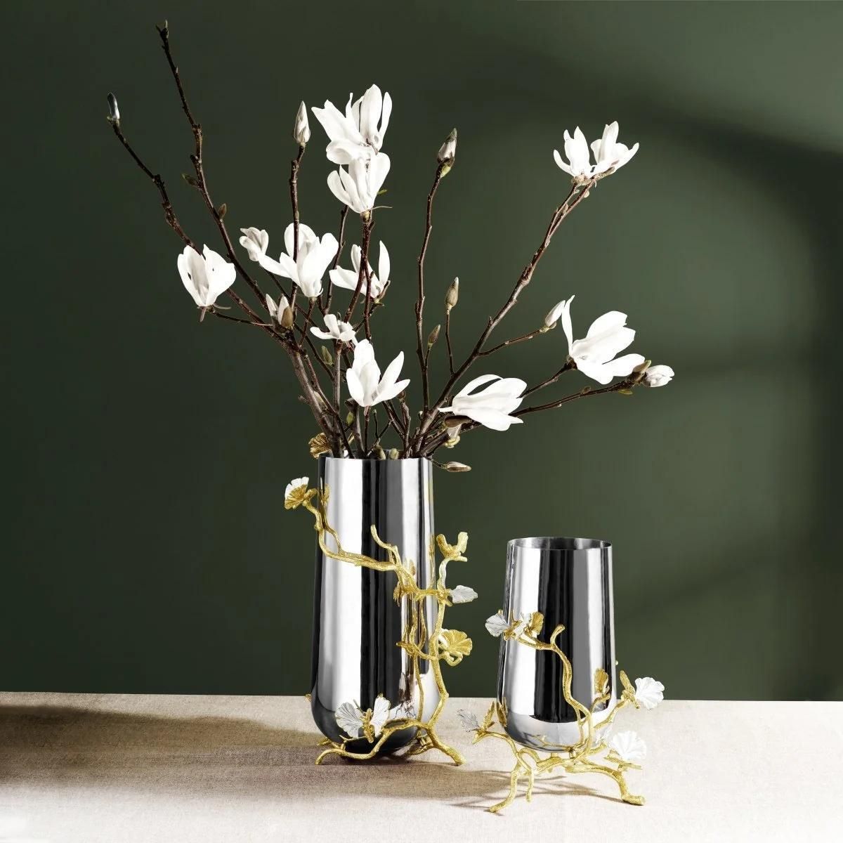 Pair Of Medium Contemporary Silver And Gold Metal Ginkgo Vase photo Home Decor