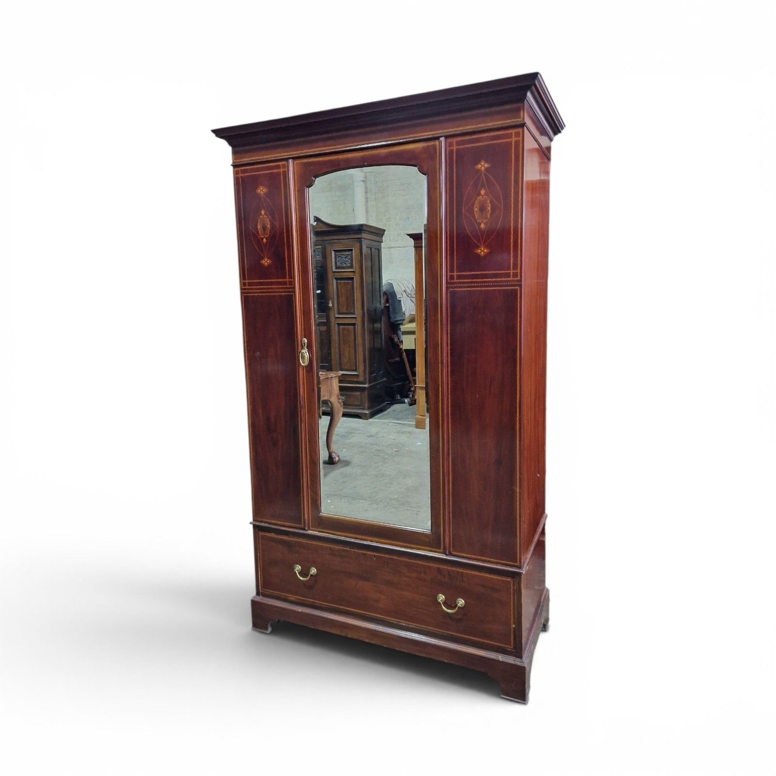 Antique Edwardian Inlaid Mahogany Wardrobe Mirrored Door Armoire With Drawer