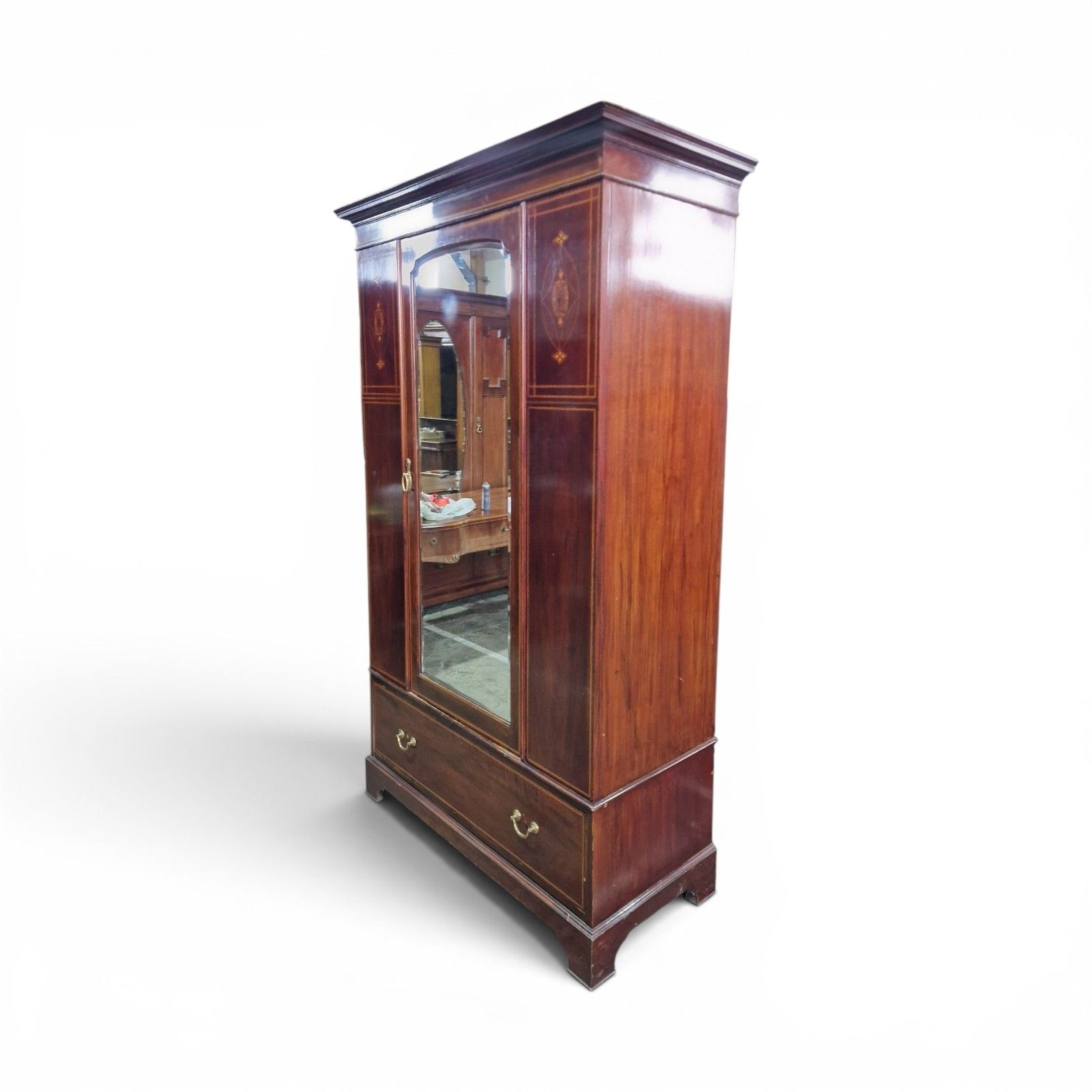 Antique Edwardian Inlaid Mahogany Wardrobe Mirrored Door Armoire With Drawer photo for sale