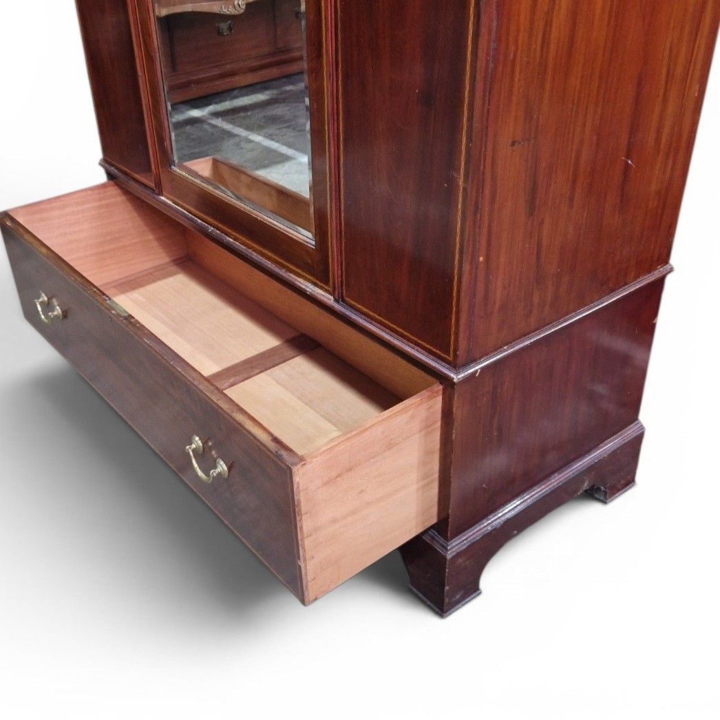 Antique Edwardian Inlaid Mahogany Wardrobe Mirrored Door Armoire With Drawer photo vinterior
