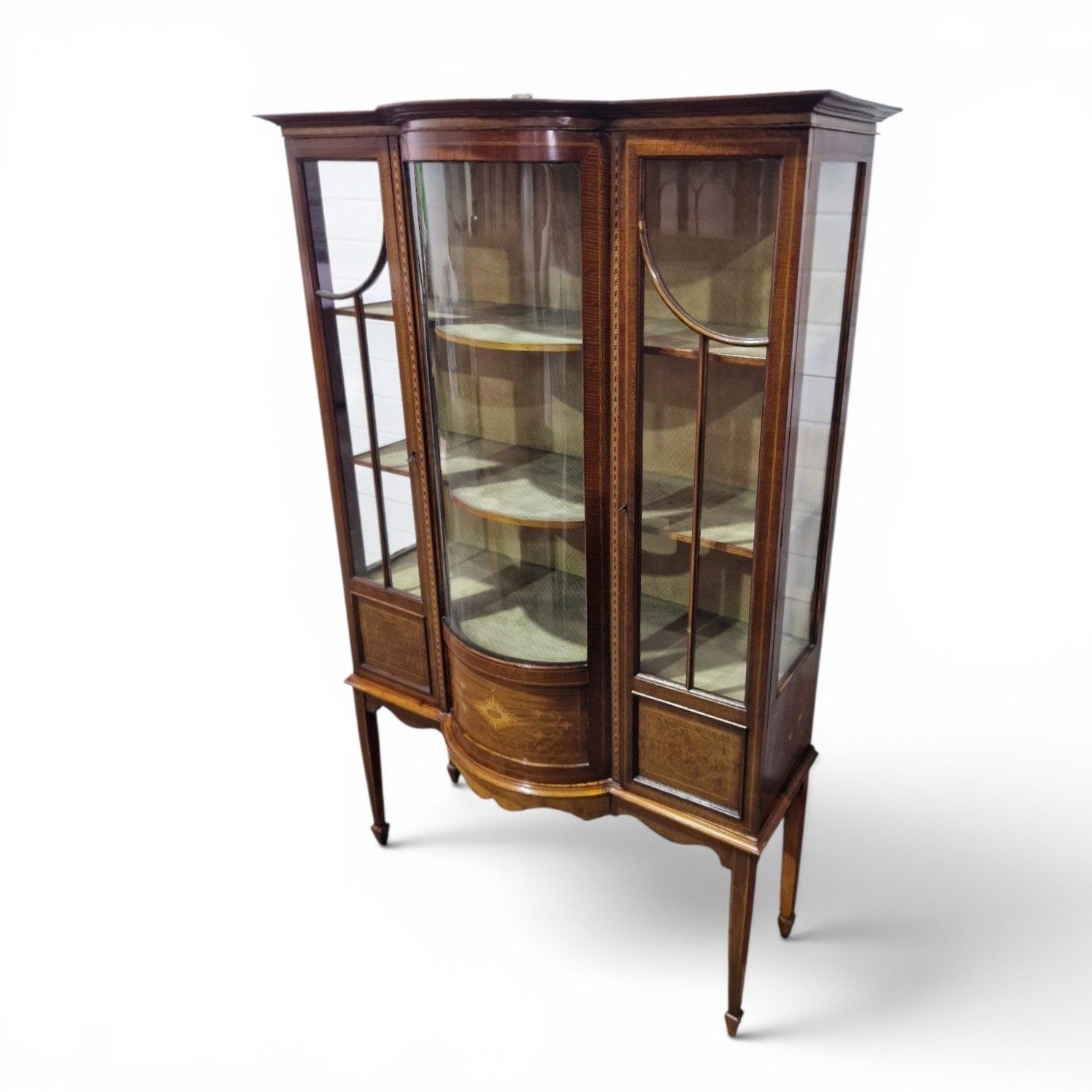 Antique Edwardian Inlaid Mahogany Display Cabinet Bow Front Glazed With Key photo Furniture