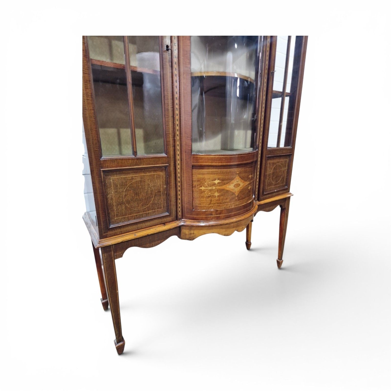 Antique Edwardian Inlaid Mahogany Display Cabinet Bow Front Glazed With Key photo vintage