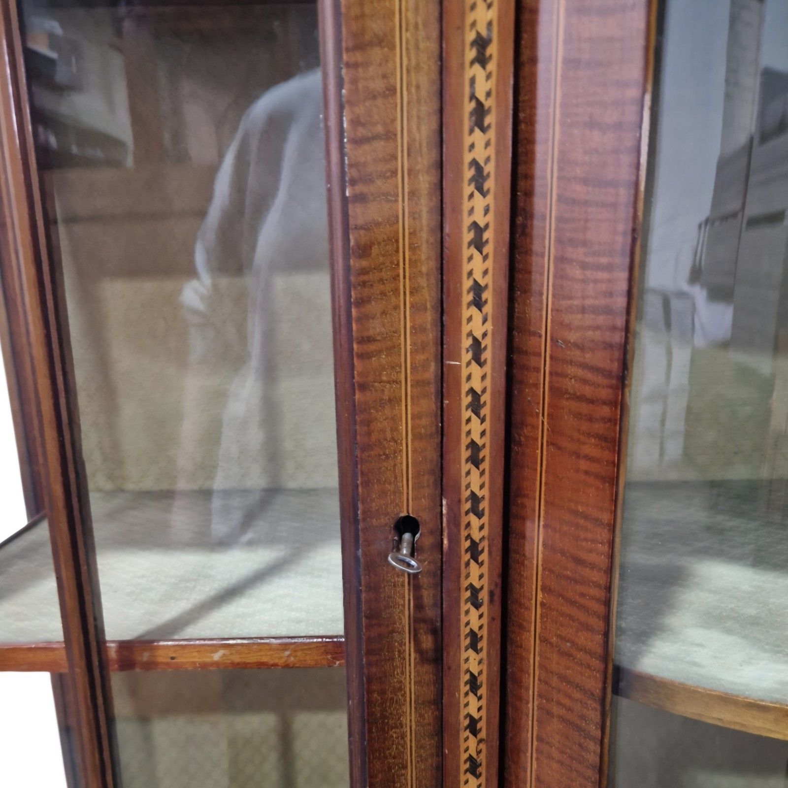 450.0 Antique Edwardian Inlaid Mahogany Display Cabinet Bow Front Glazed With Key photo