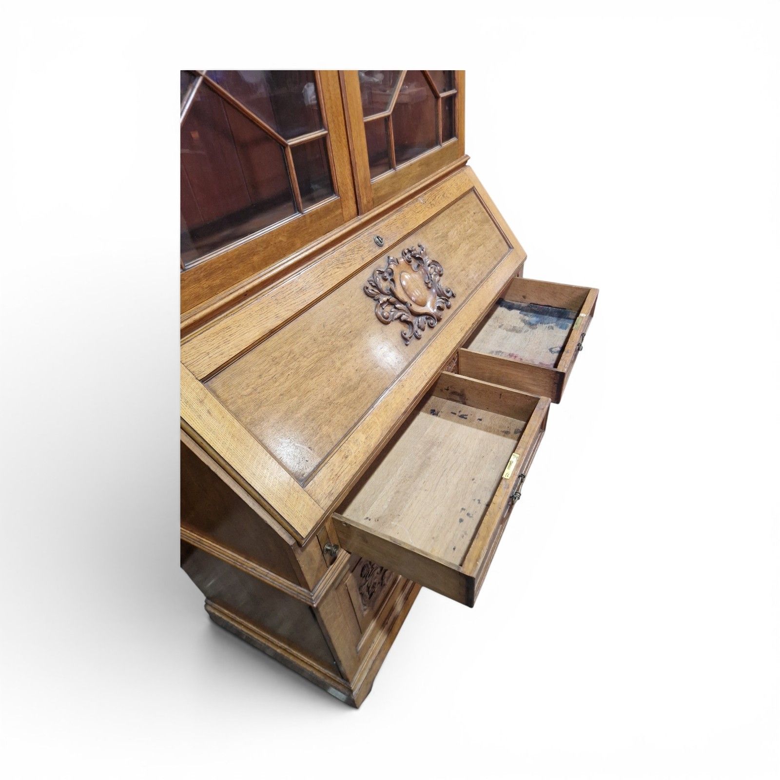 Furniture Large Oak Bureau Bookcase Display Cabinet Astragal Glazed Robson Newcastle photo