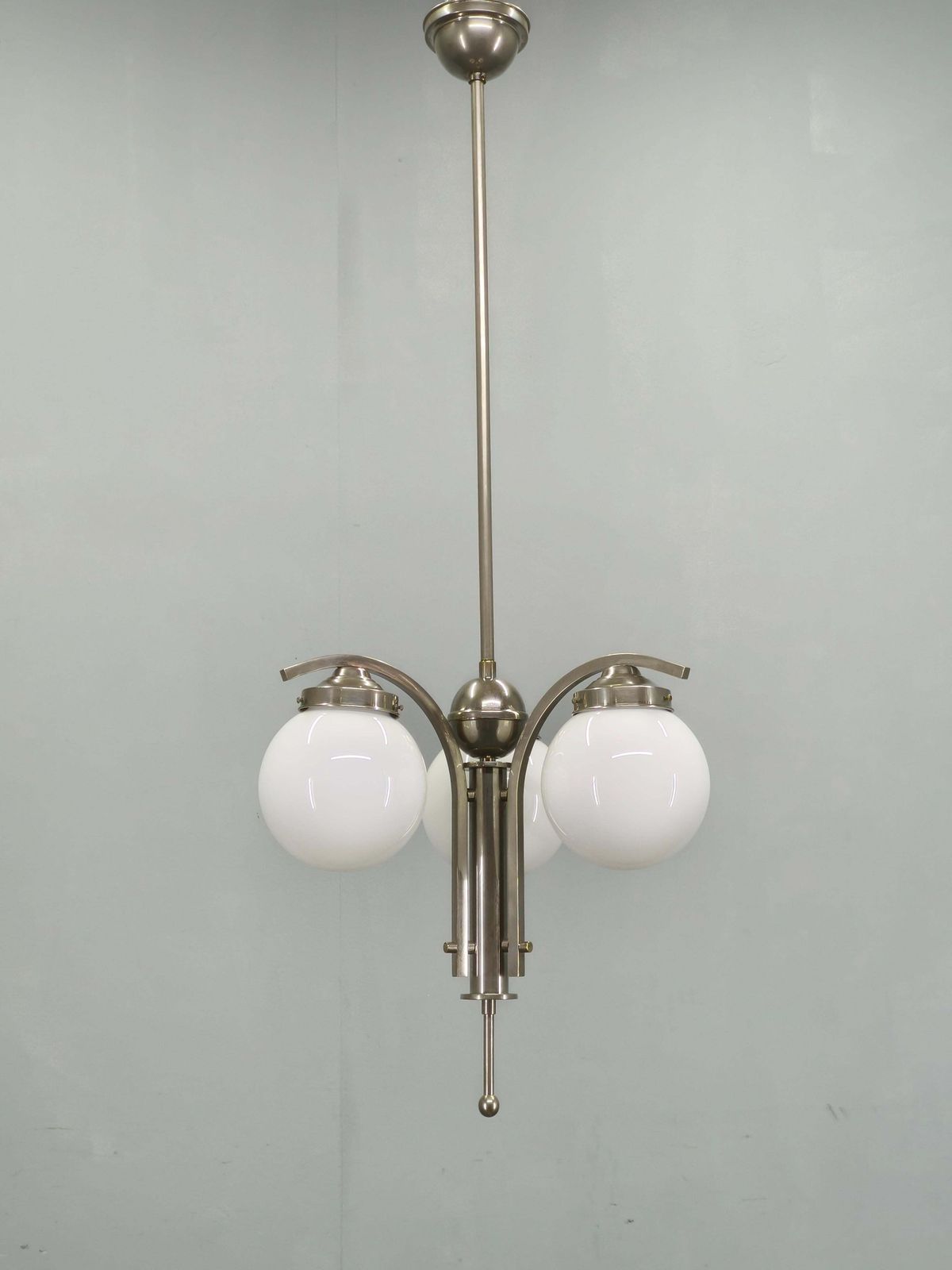 1930s Art Deco Nickel Chandelier With Opaline Glass Globes photo furniture