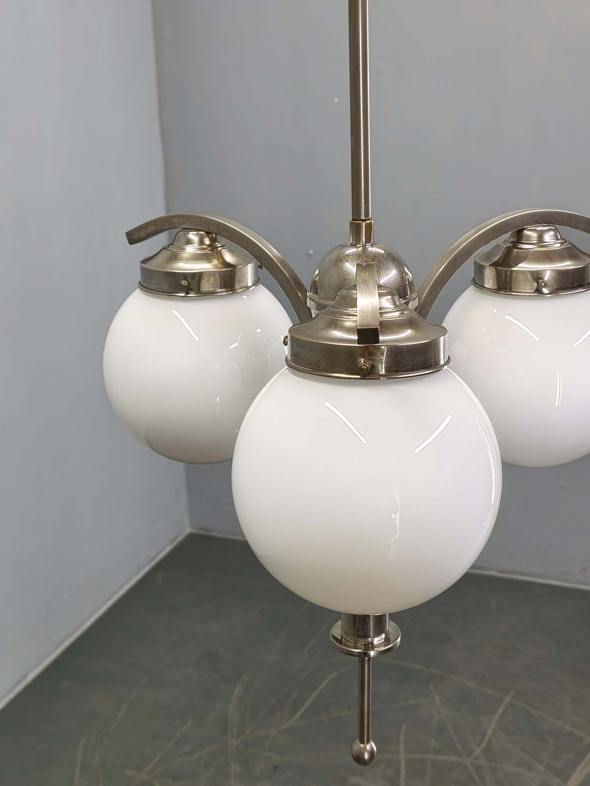 1930s Art Deco Nickel Chandelier With Opaline Glass Globes photo vintage