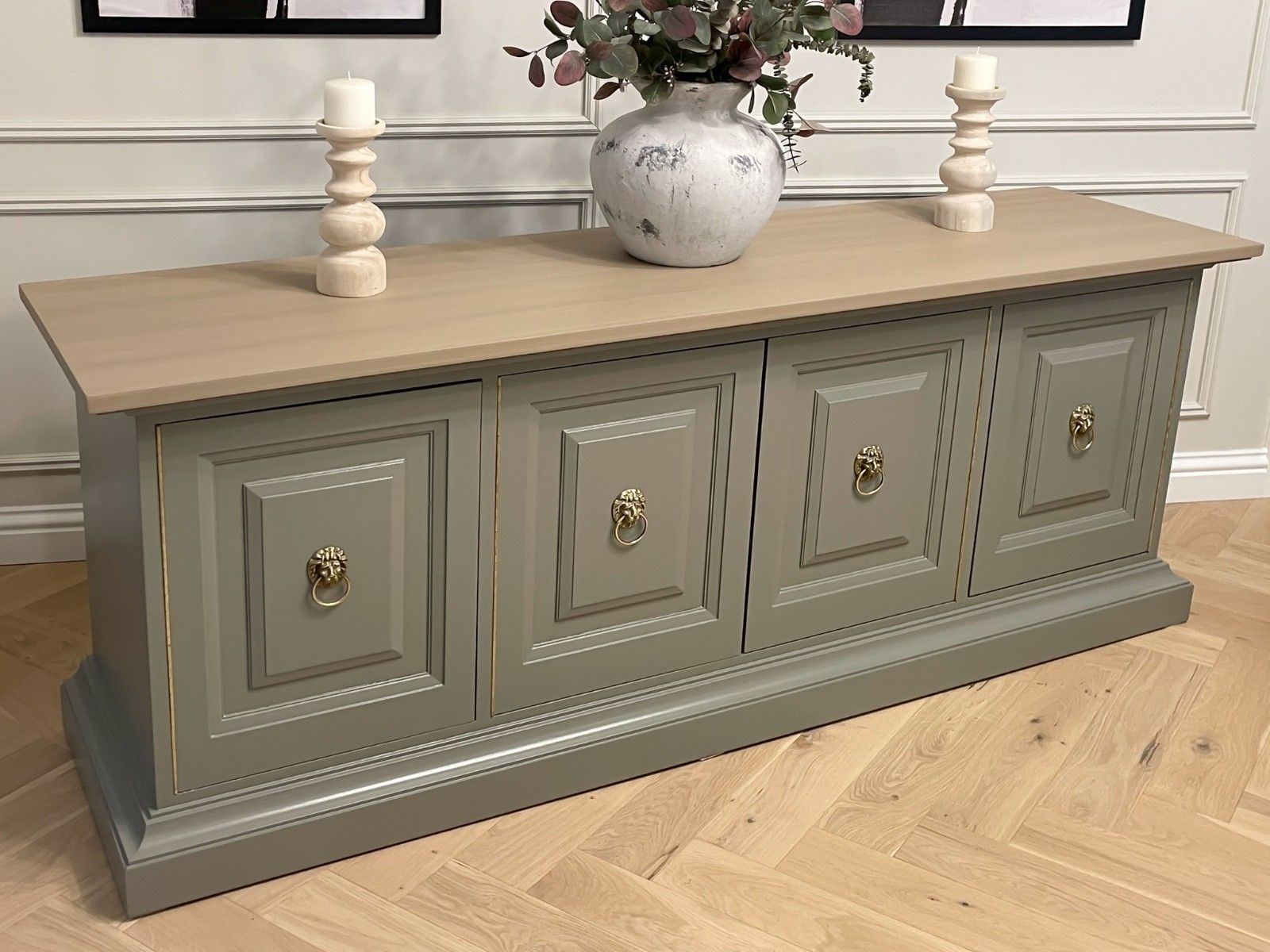 Large Antique Mid Century Solid Oak Sideboard Dresser Console Table Cabinet photo vintage
