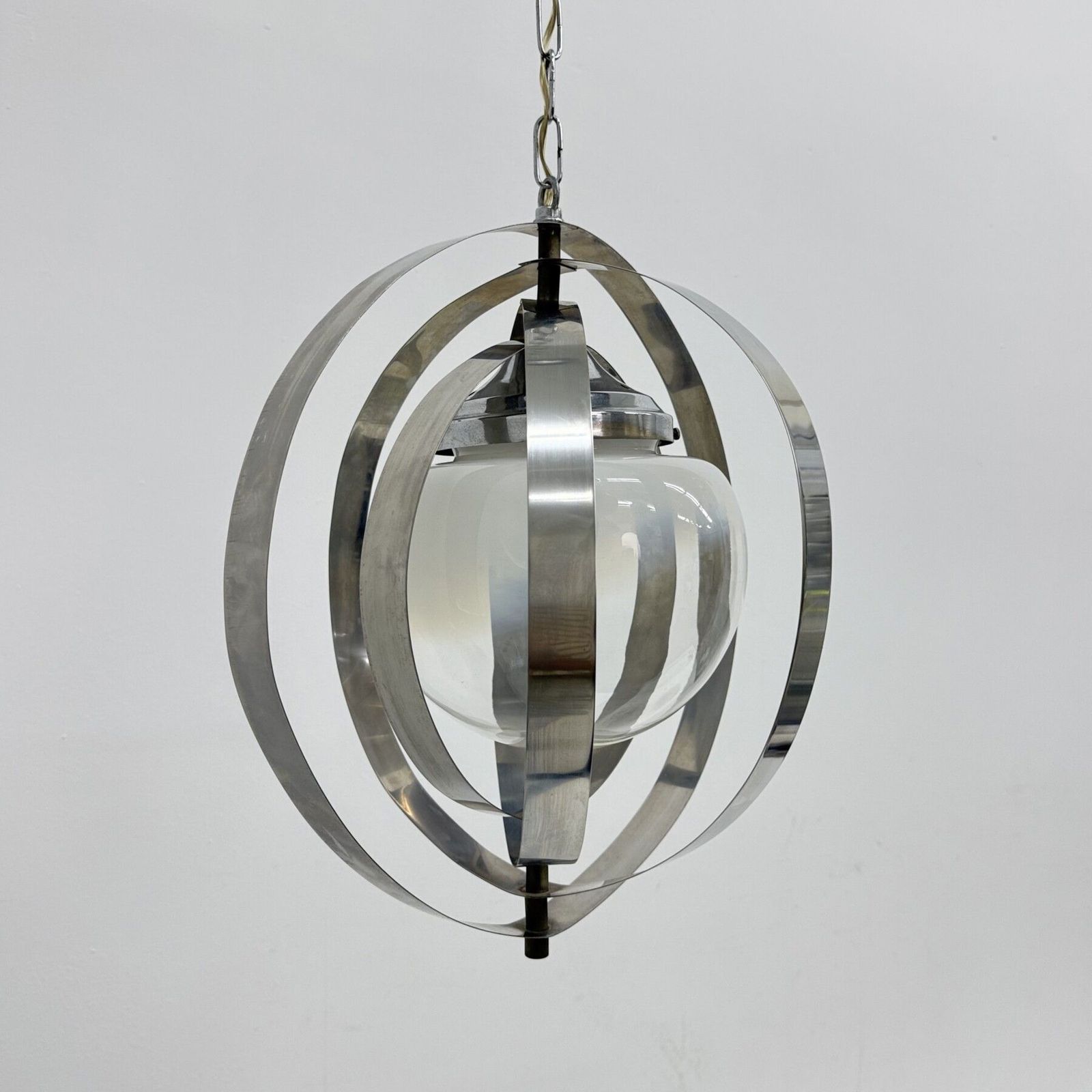 photo for sale Mid Century Glass Sphere Hanging Pendant Glass Lamp Design 1970’s Space Age Italy