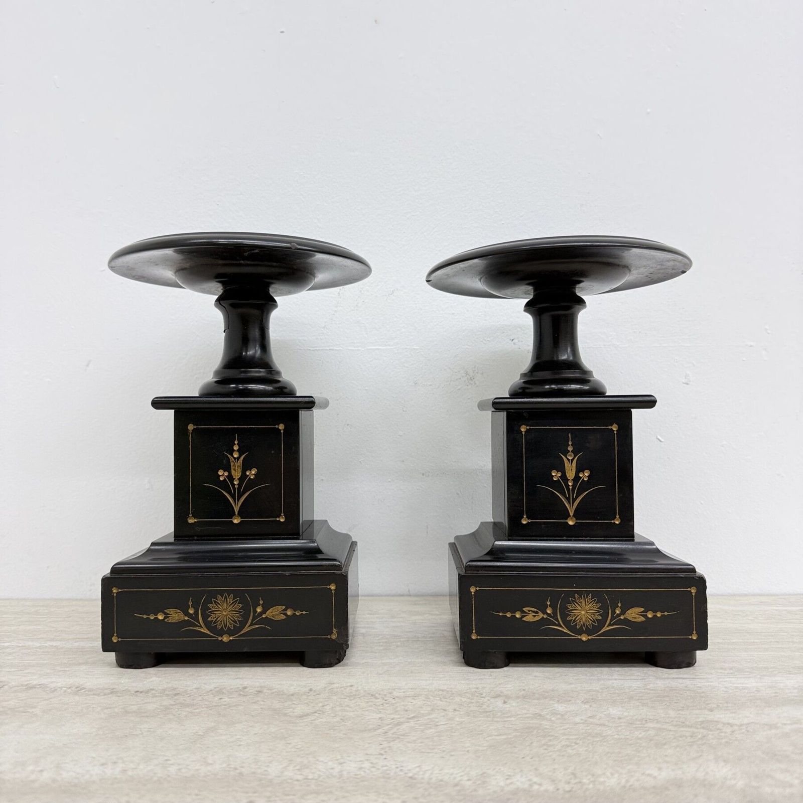 Antique French Black Marble Cassoulets Gilt Decor Pedestals Neoclassical Pair , 1900s