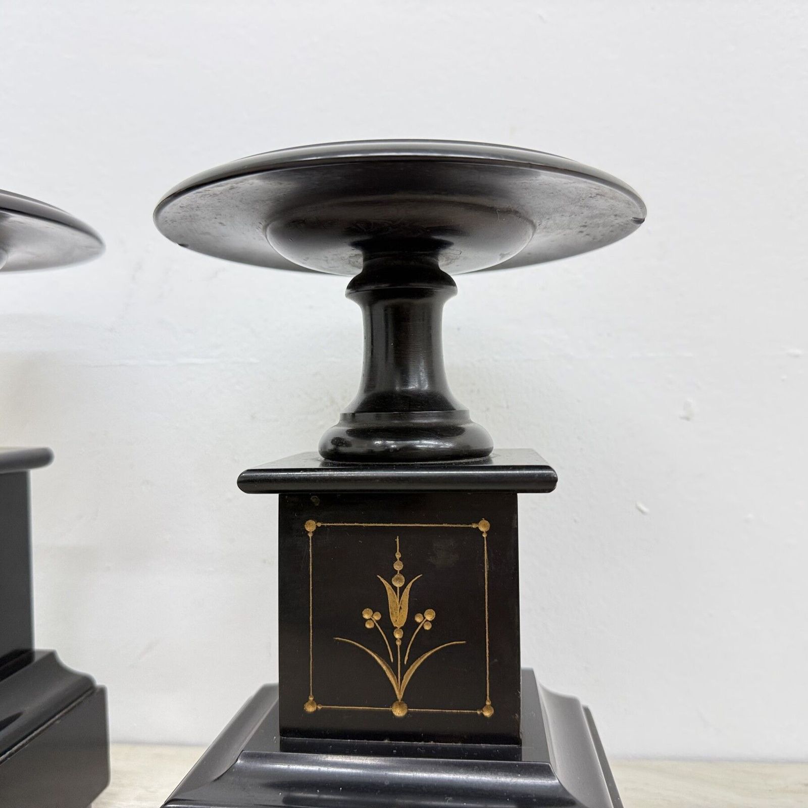 photo for sale Antique French Black Marble Cassoulets Gilt Decor Pedestals Neoclassical Pair , 1900s