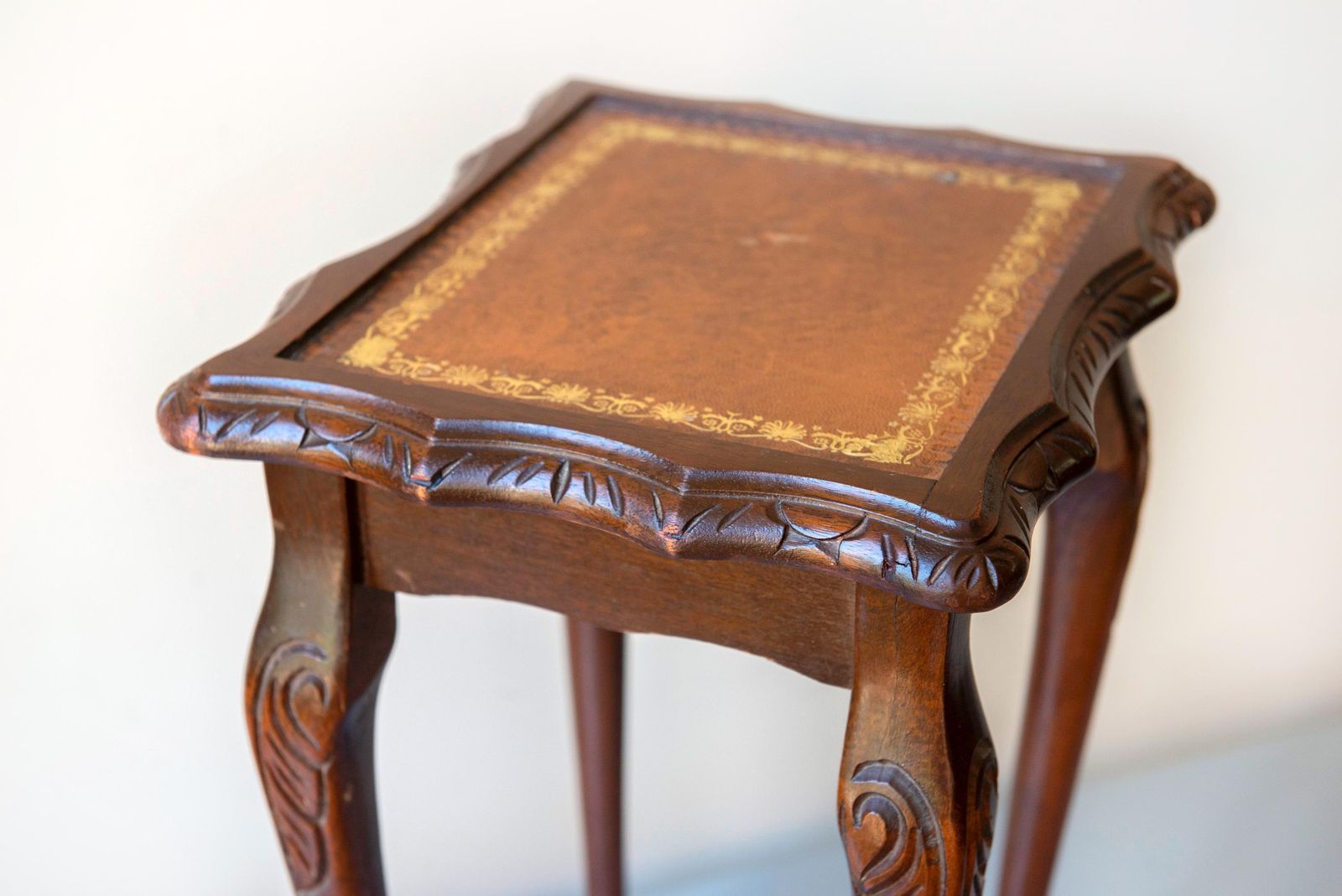 photo for sale Antique Oak Side Table   Leather Top   Edwardian Lamp Stand   Carved Oak Accent Furniture