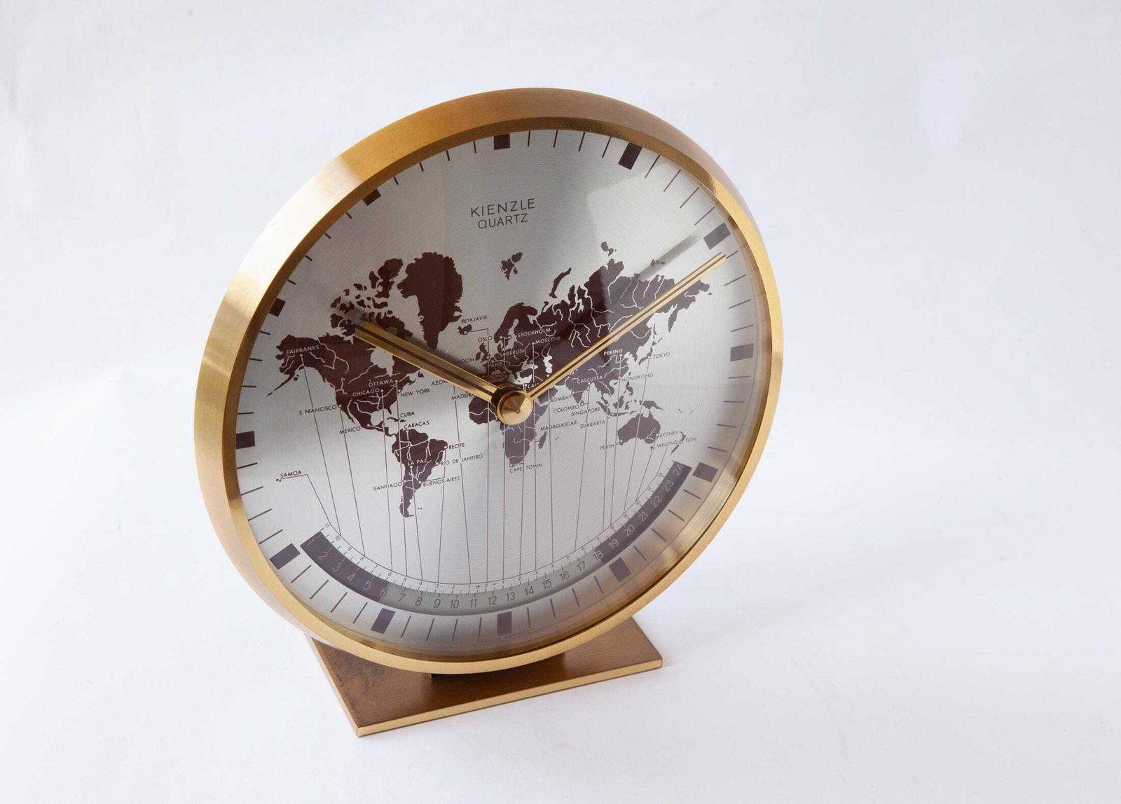 Kienzle World Time Clock Germany Desk Table Mid Century Bauhaus Brass Modern Mantel Mcm Heinrich Moller Office photo for sale