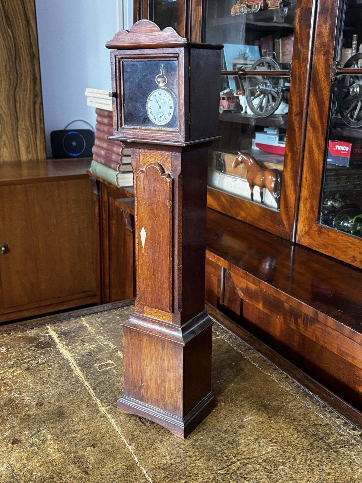 Pocket Watch Holder. Miniature Mahogany Longcase. photo for sale
