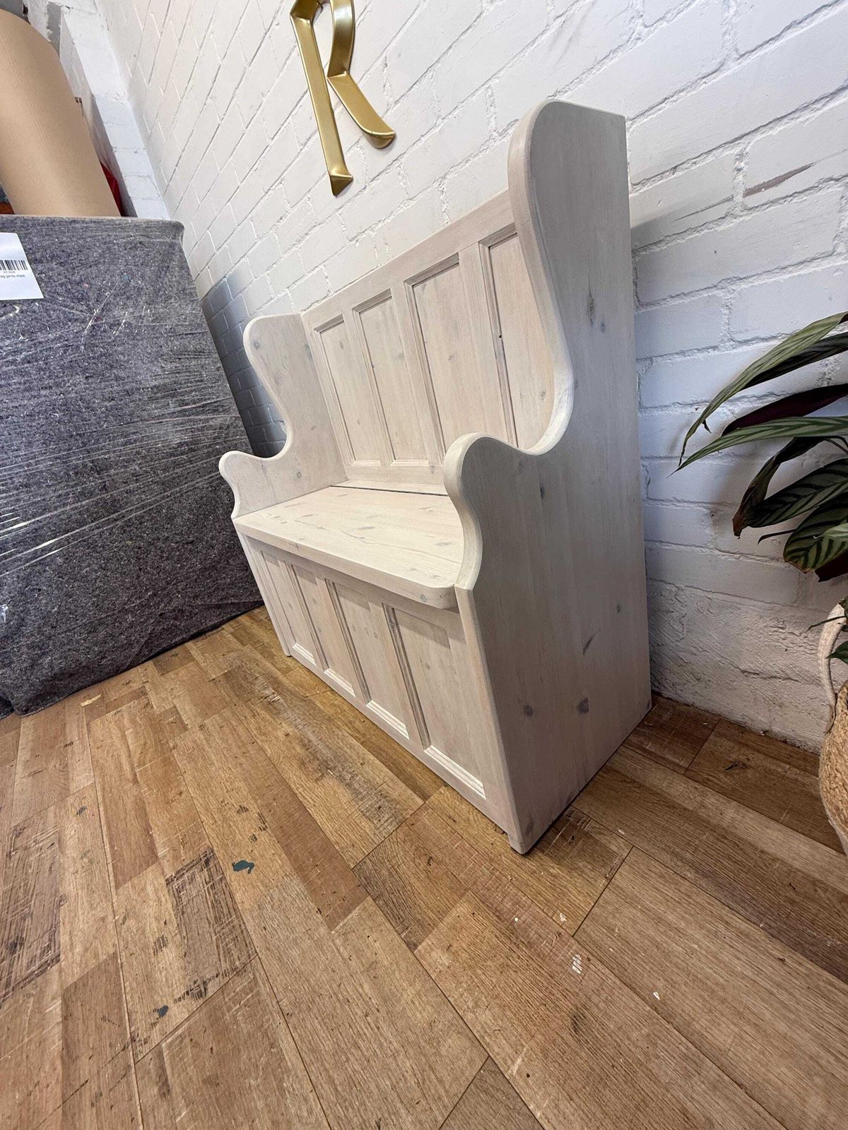 Vintage Whitewashed Pine Monks Bench | Hall Bench | Storage | Blanket Box photo Furniture