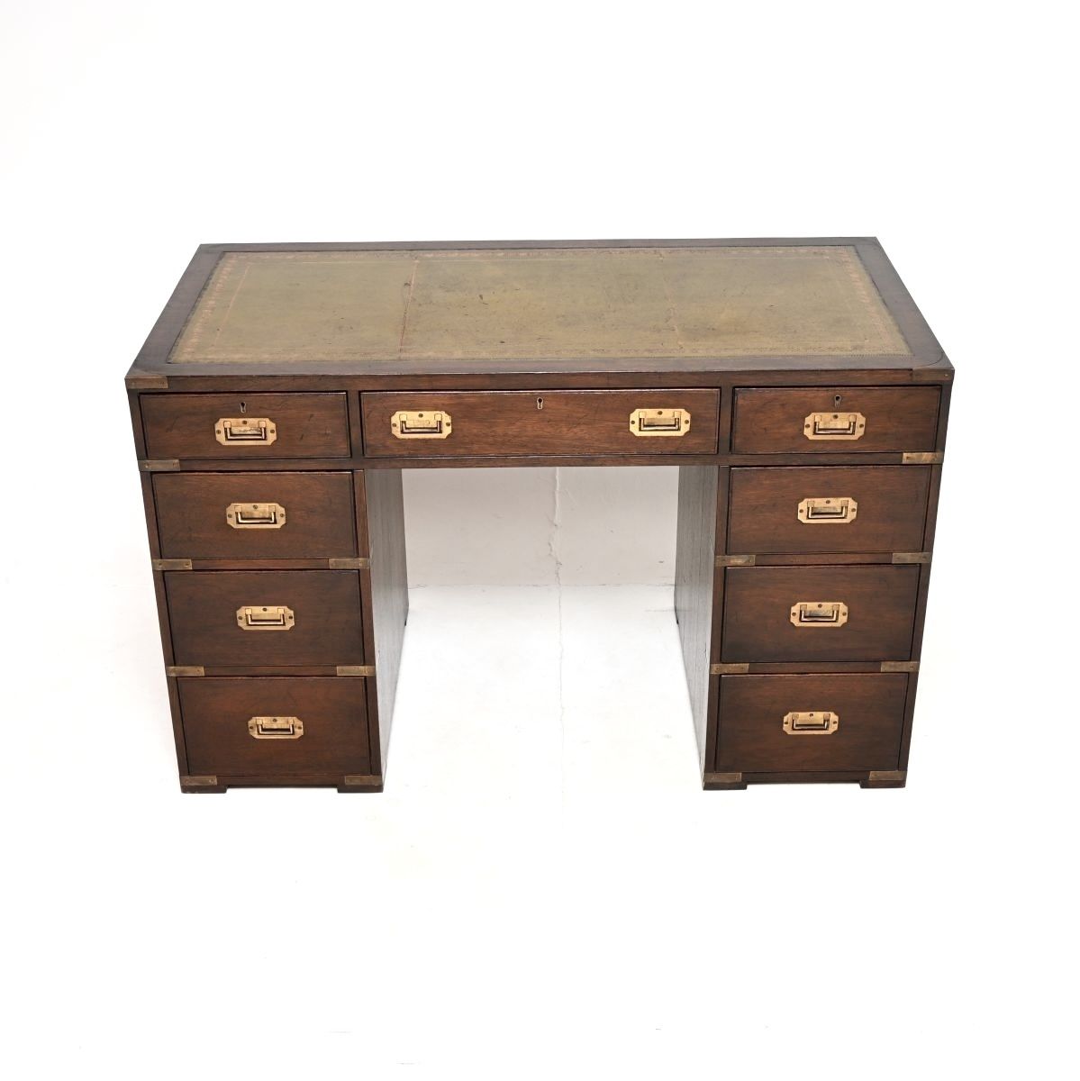 Antique Mahogany Leather Top Military Campaign Pedestal Desk photo furniture