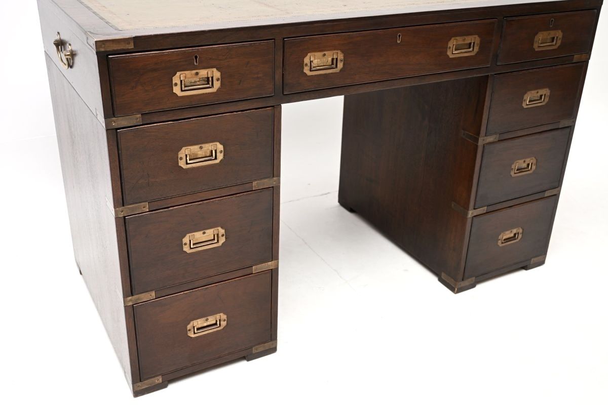 Antique Mahogany Leather Top Military Campaign Pedestal Desk photo 1495.0