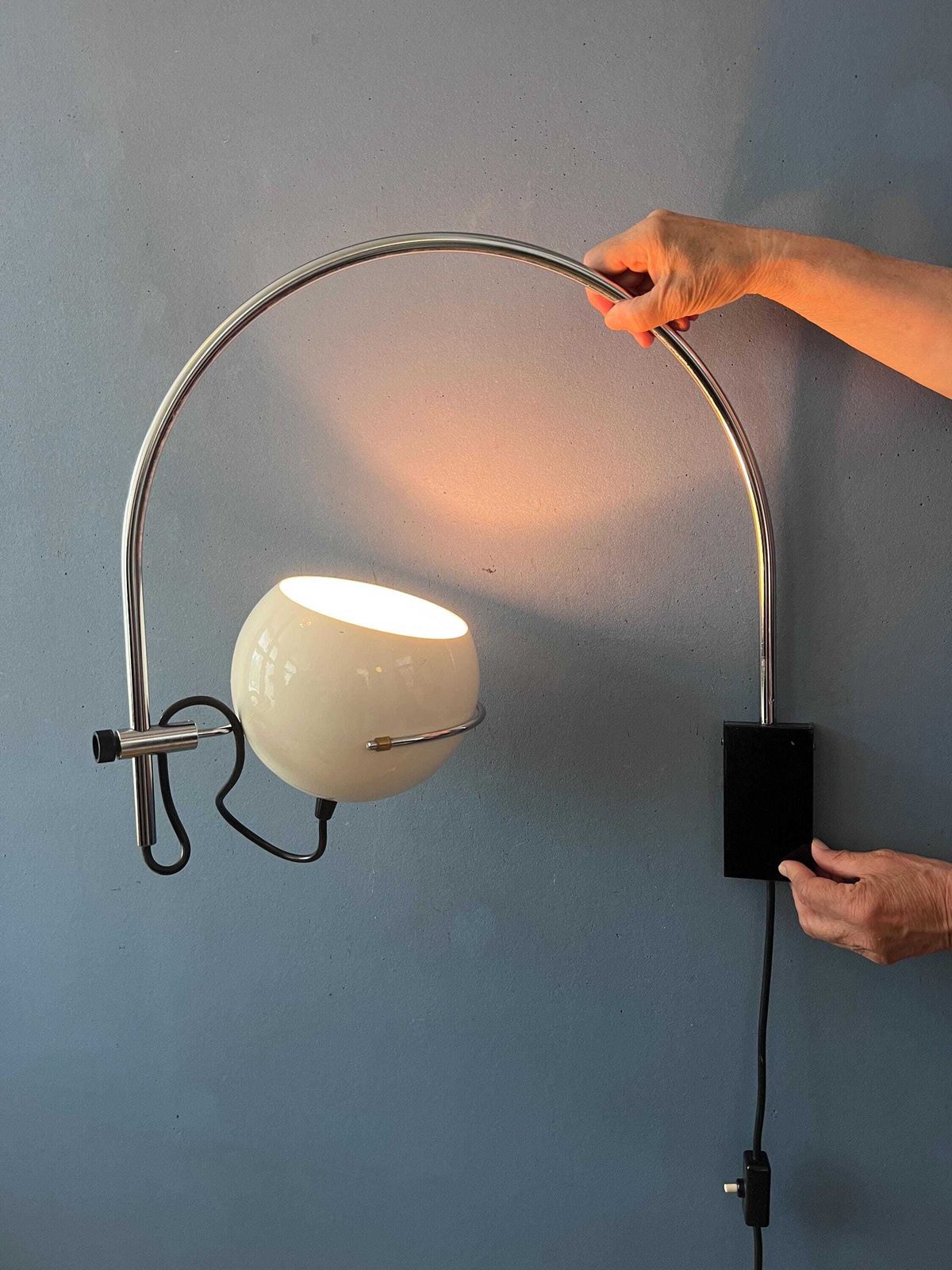 Vintage Gepo Arc Wall Lamp In White Metal, Mid Century Modern Space Age Lighting photo for sale