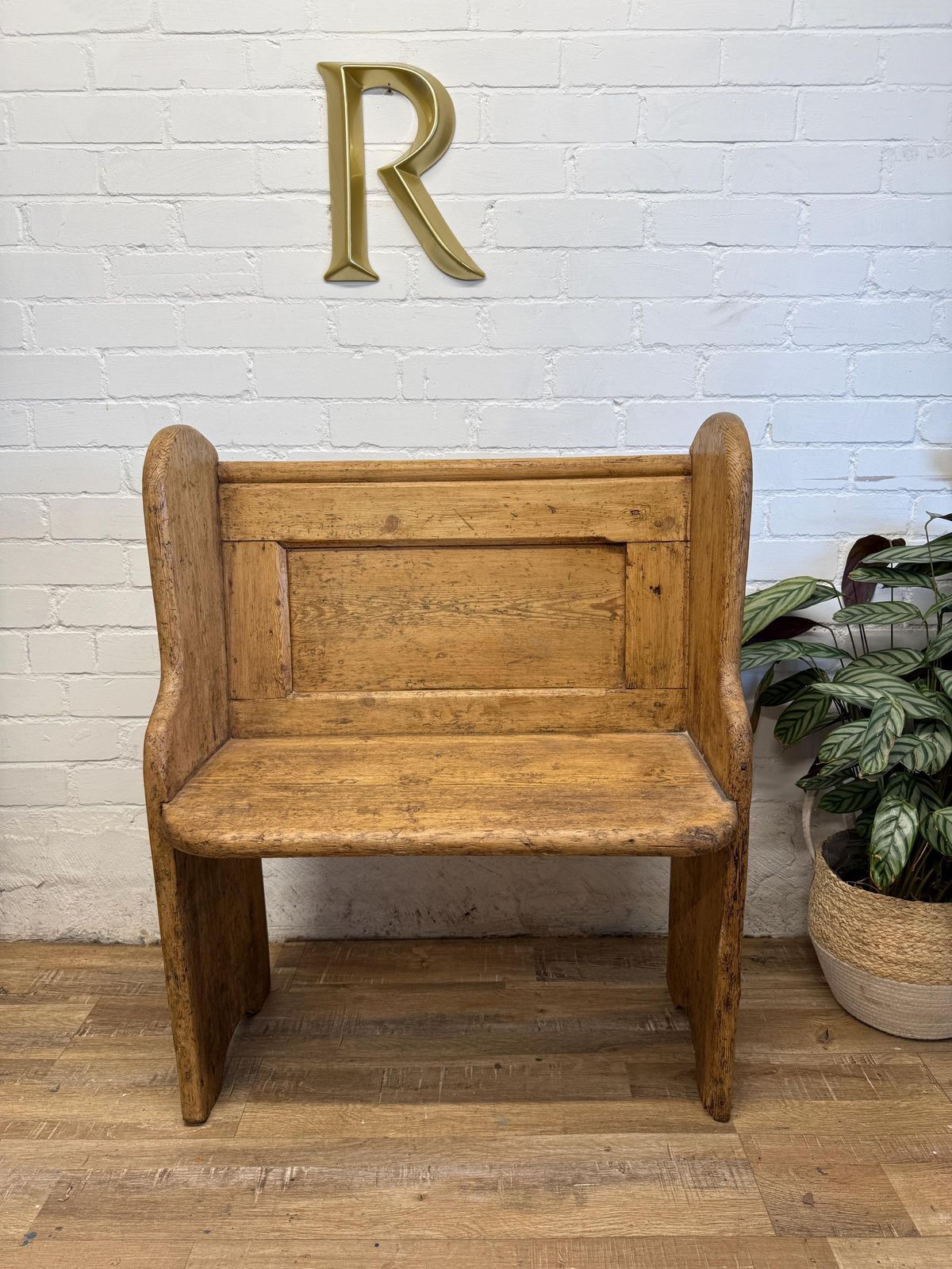 375.0 Antique Victorian Rustic Pine Settle Bench Single Pew photo
